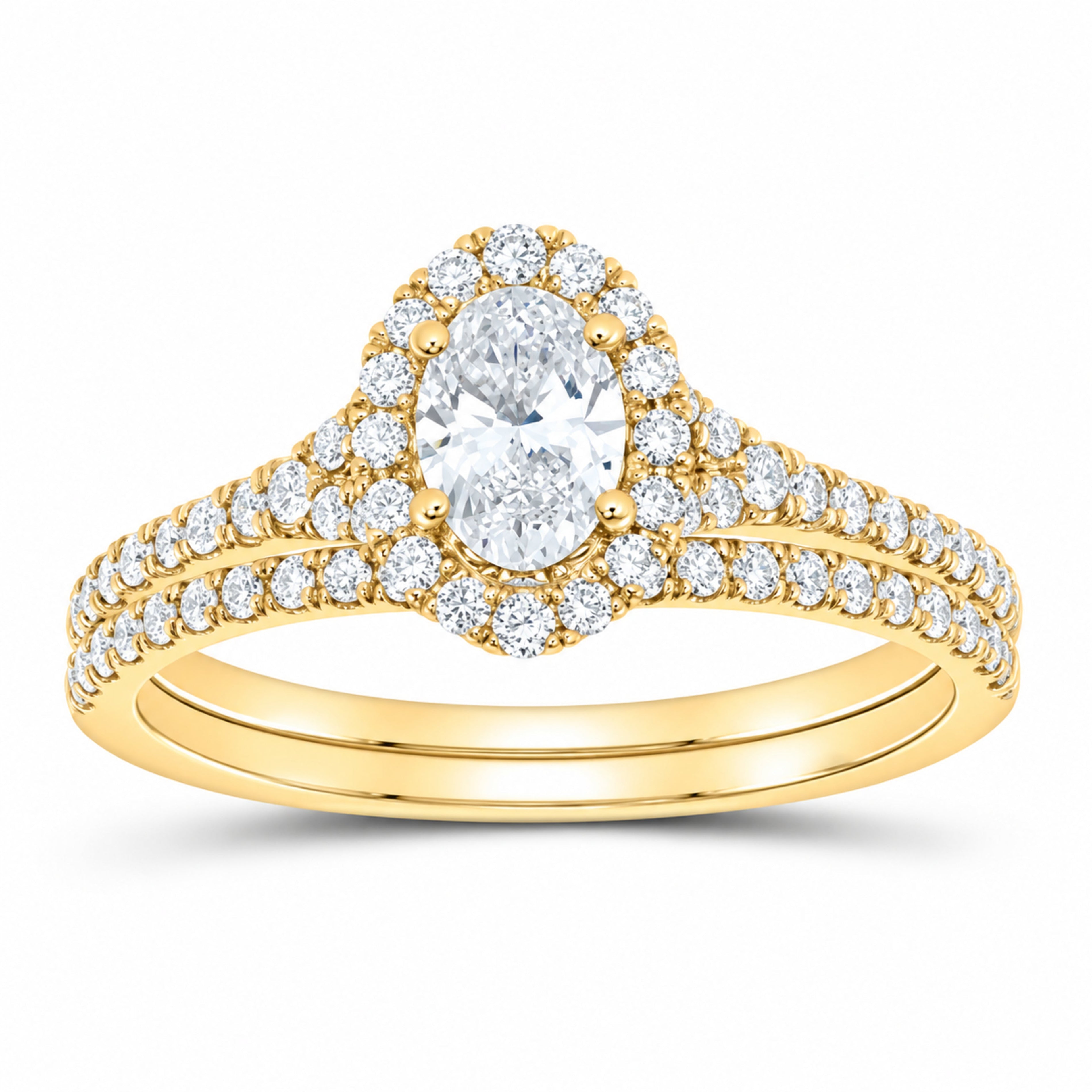 14K Yellow Gold 1 CTW Lab-Grown Diamond Oval Single Halo Bridal Ring Set — SKU 11638