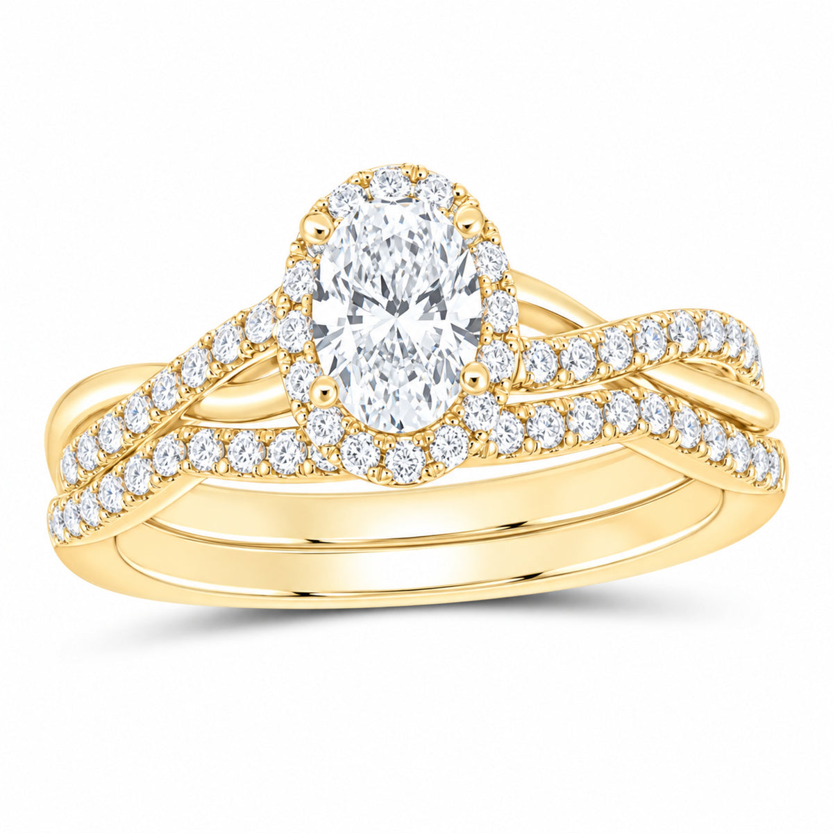 14K Yellow Gold 1 CTW Lab-Grown Diamond Oval Single Halo Bridal Ring Set — SKU 11640