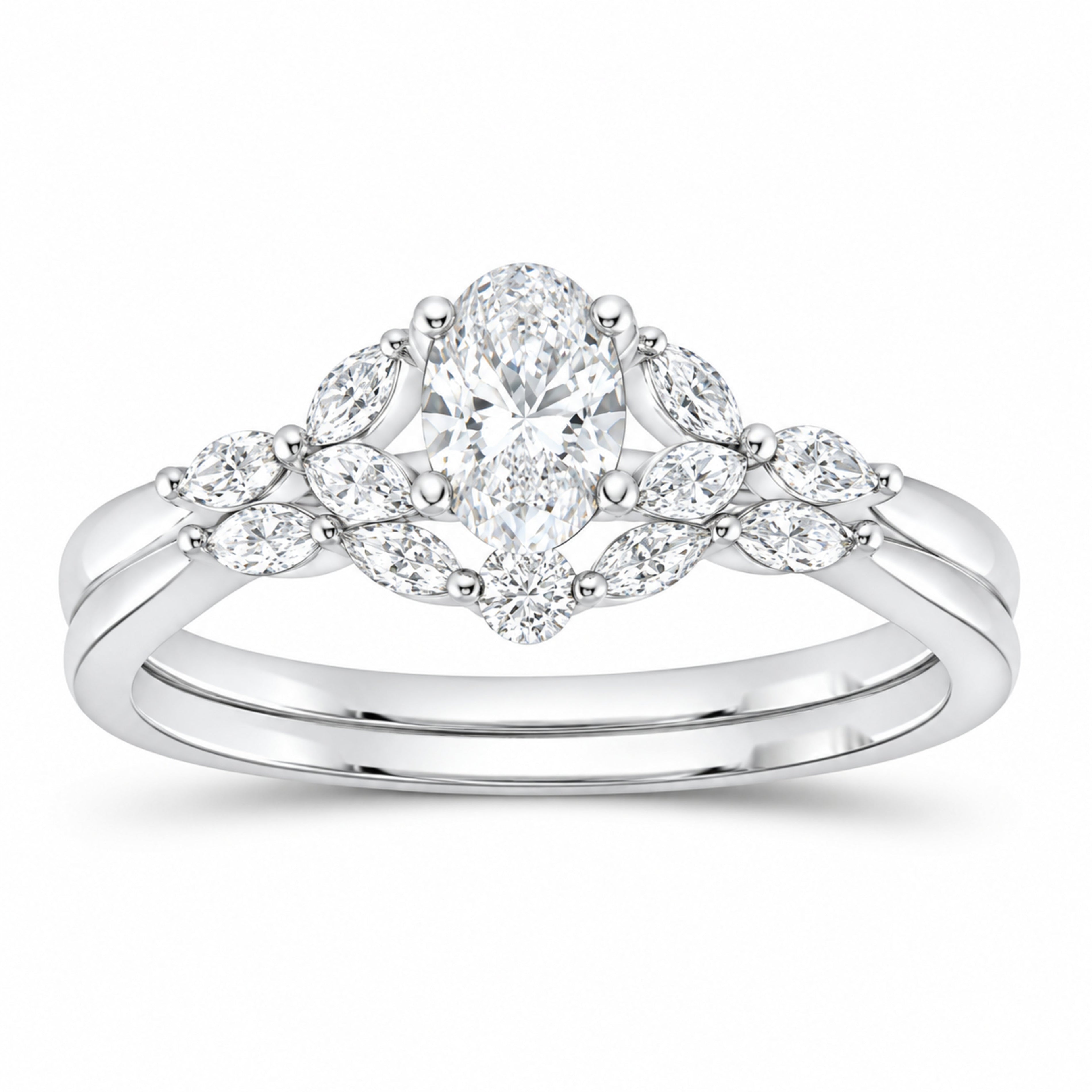 14K White Gold 7/8 CTW Lab-Grown Diamond Oval Halo Bridal Ring Set — SKU 11641