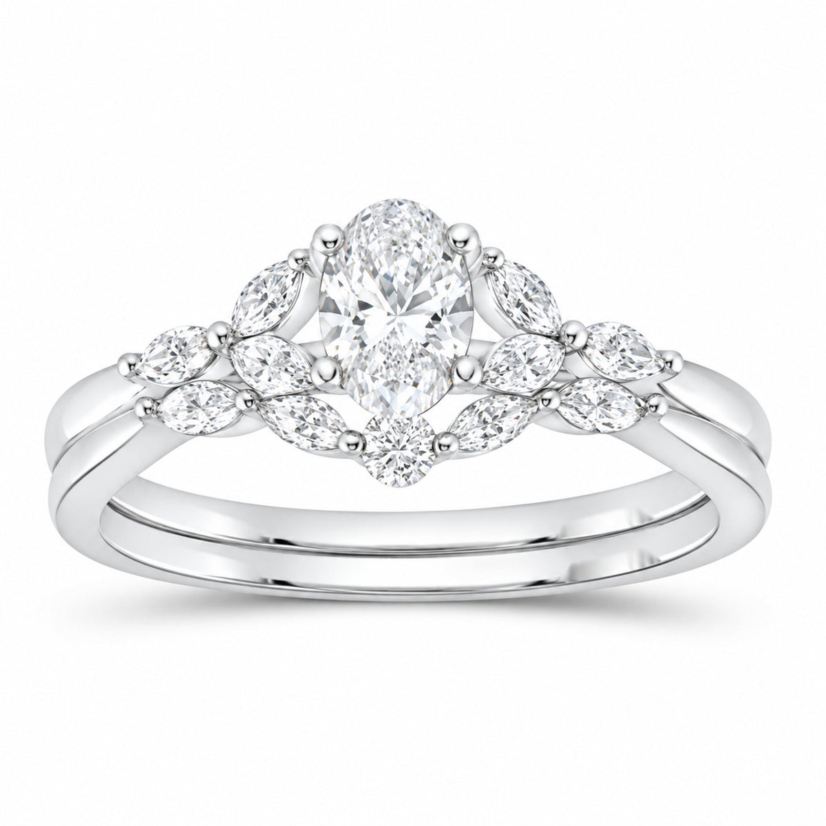 14K White Gold 7/8 CTW Lab-Grown Diamond Oval Halo Bridal Ring Set — SKU 11641
