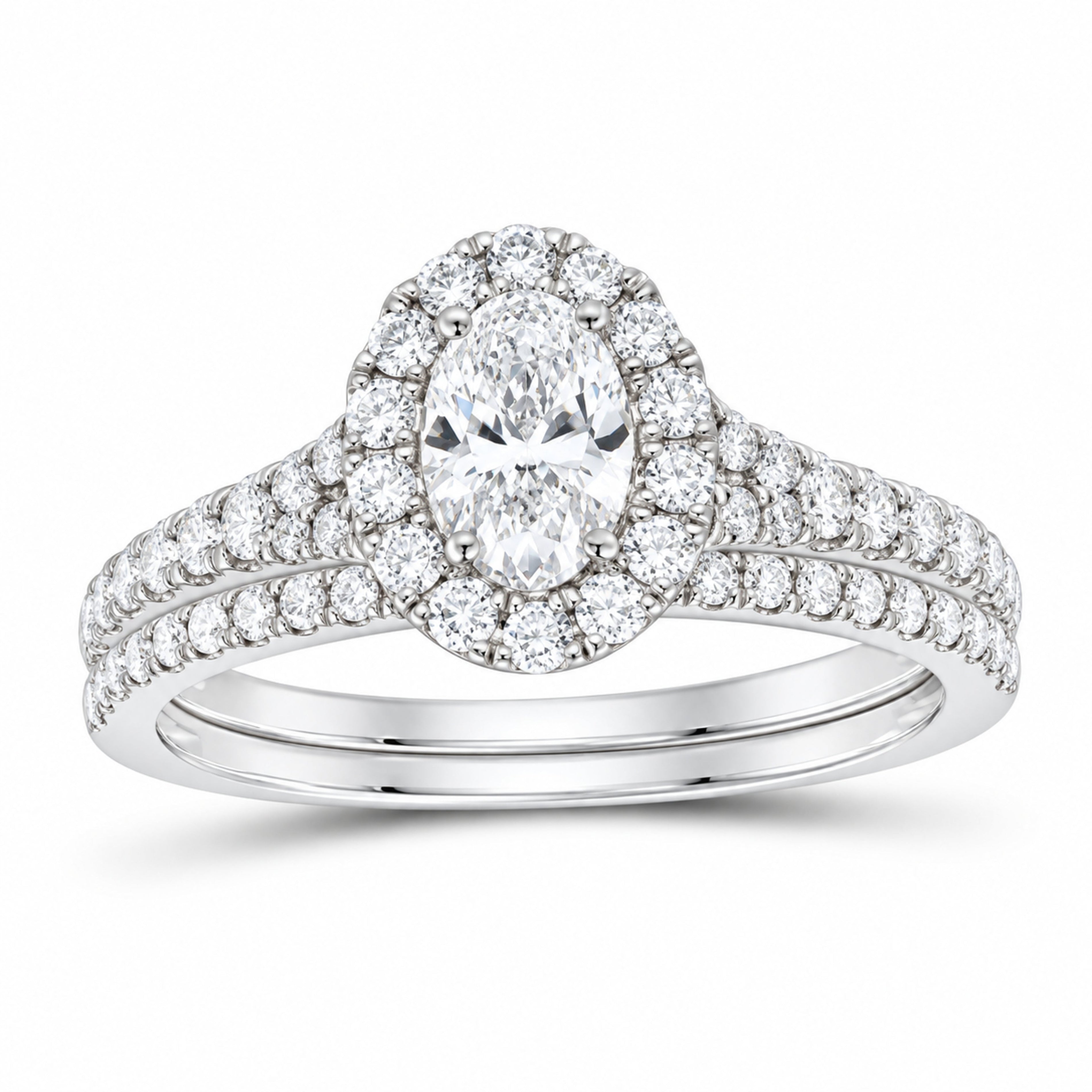 14K White Gold 1 CTW Lab-Grown Diamond Oval Single Halo Bridal Ring Set — SKU 11643