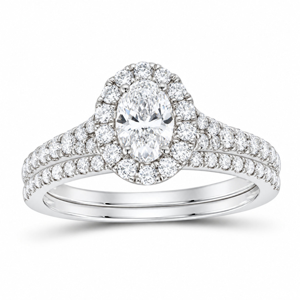 14K White Gold 1 CTW Lab-Grown Diamond Oval Single Halo Bridal Ring Set — SKU 11643