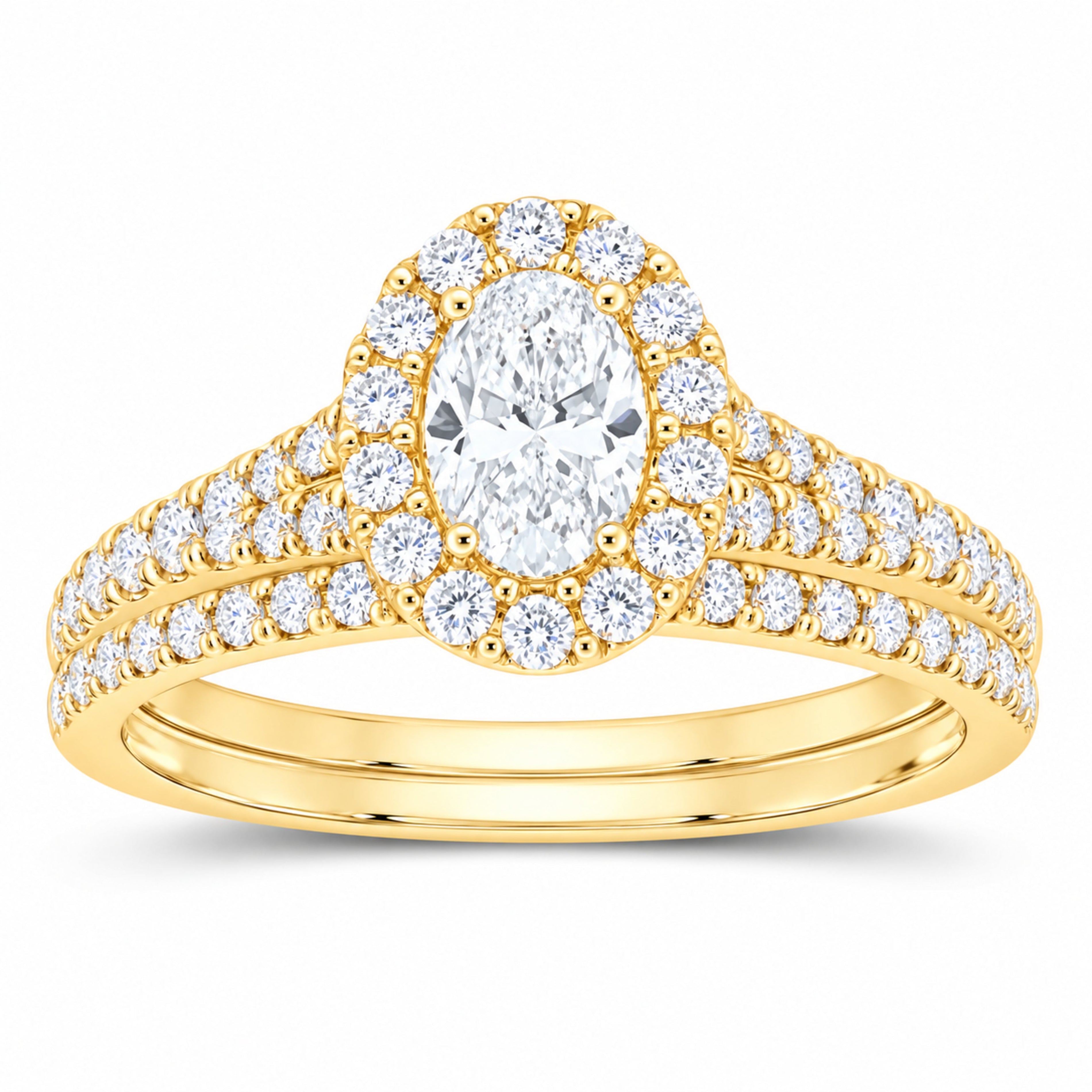 14K Yellow Gold 1 CTW Lab-Grown Diamond Oval Single Halo Bridal Ring Set — SKU 11644