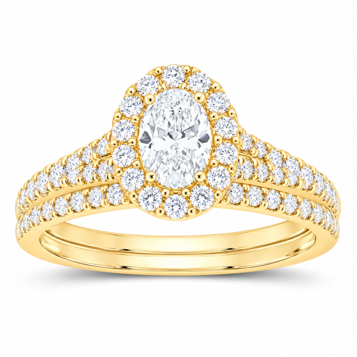 14K Yellow Gold 1 CTW Lab-Grown Diamond Oval Single Halo Bridal Ring Set — SKU 11644