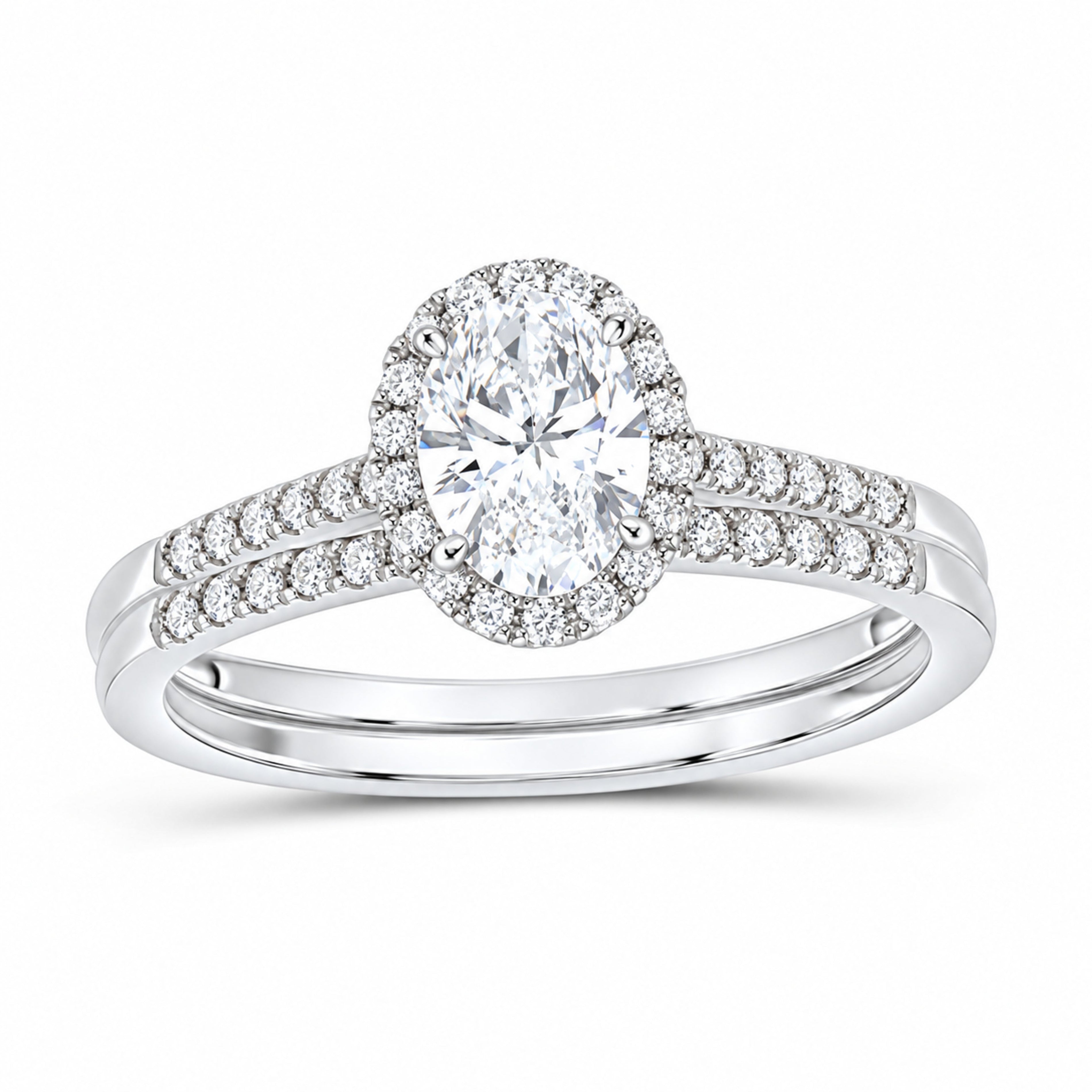 14K White Gold 1 CTW Lab-Grown Diamond Oval Single Halo Bridal Ring Set — SKU 11645