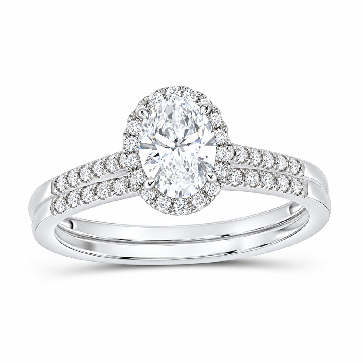 14K White Gold 1 CTW Lab-Grown Diamond Oval Single Halo Bridal Ring Set — SKU 11645