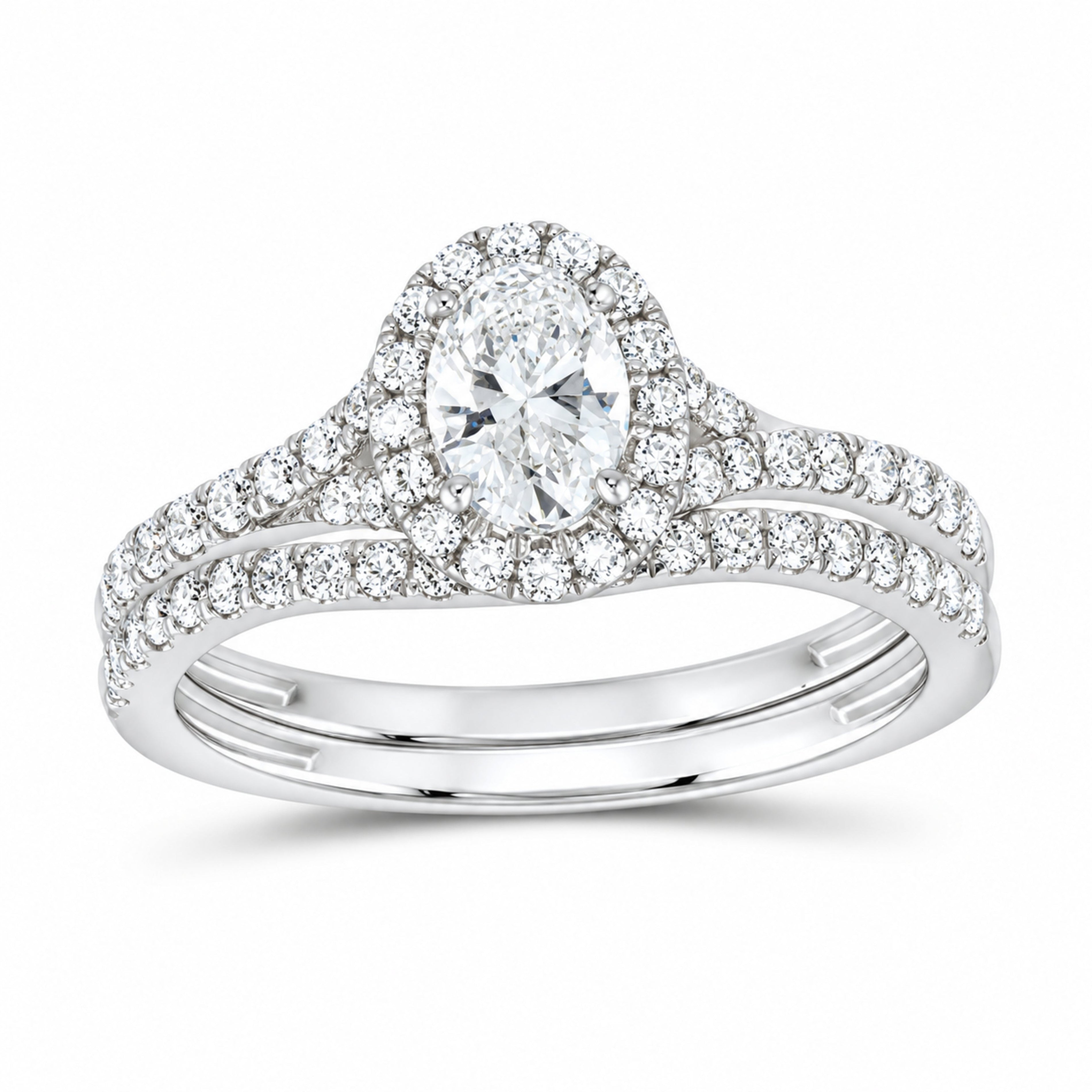14K White Gold 1 CTW Lab-Grown Diamond Oval Single Halo Bridal Ring Set — SKU 11646