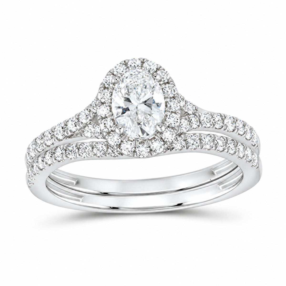 14K White Gold 1 CTW Lab-Grown Diamond Oval Single Halo Bridal Ring Set — SKU 11646