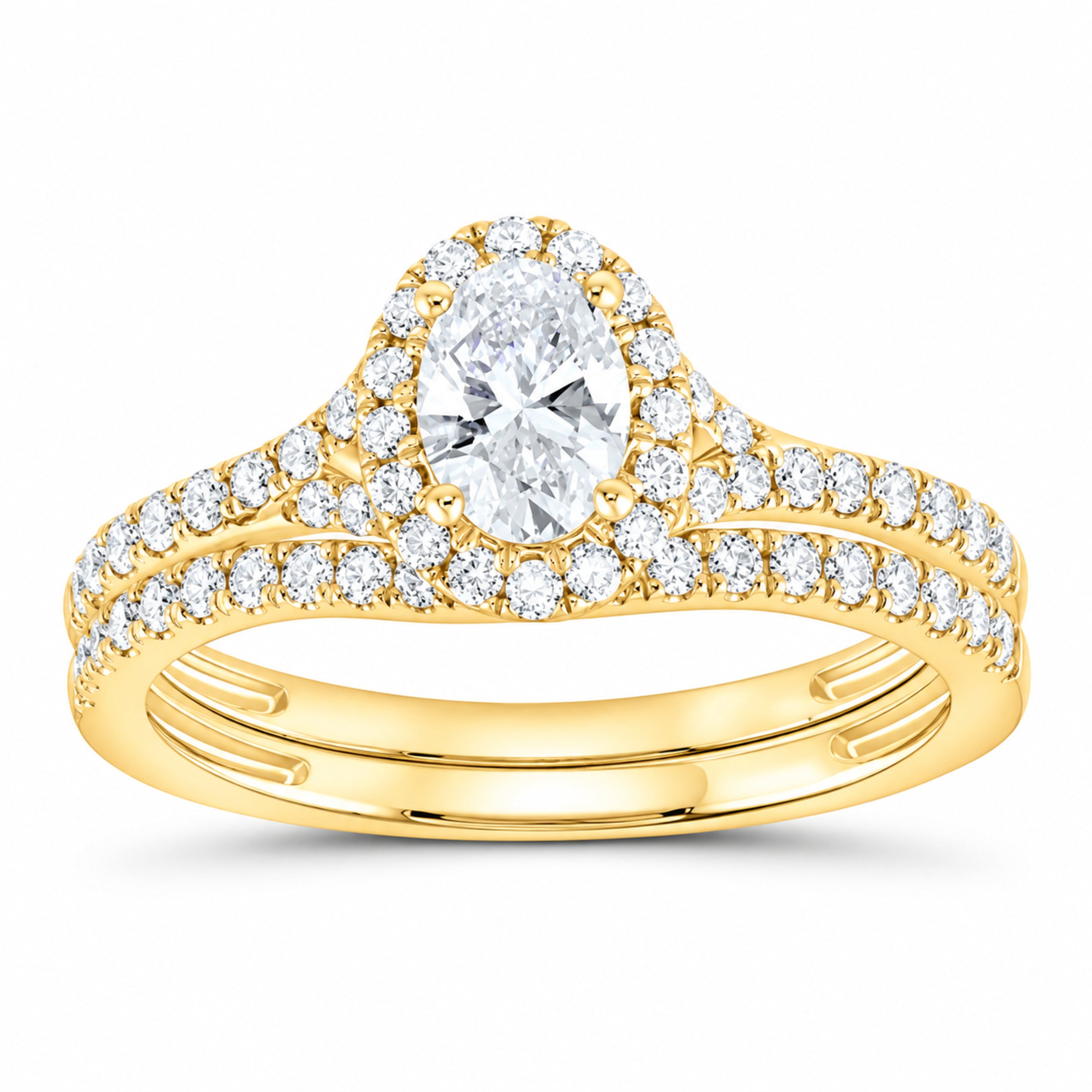 14K Yellow Gold 1 CTW Lab-Grown Diamond Oval Single Halo Bridal Ring Set — SKU 11647