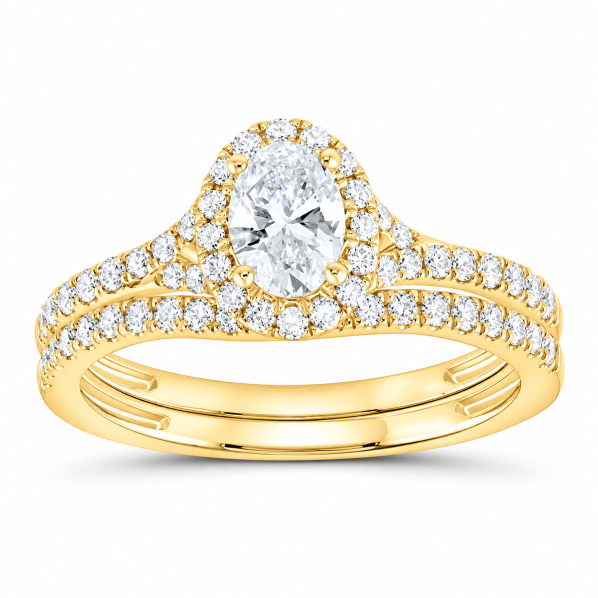 14K Yellow Gold 1 CTW Lab-Grown Diamond Oval Single Halo Bridal Ring Set — SKU 11647