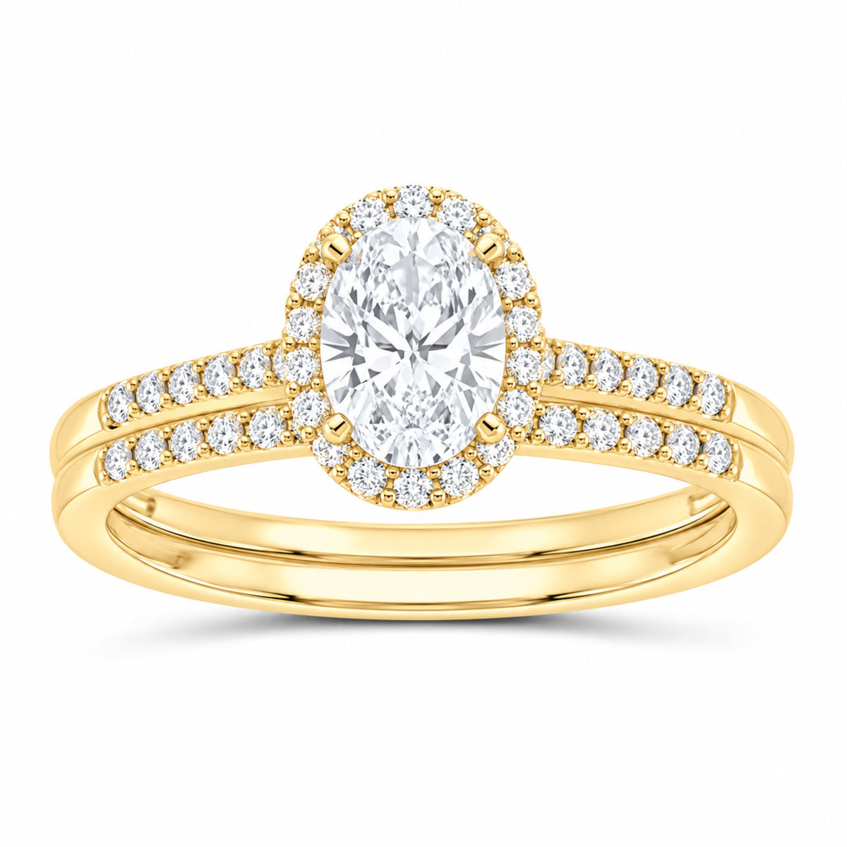 14K Yellow Gold 1 CTW Lab-Grown Diamond Oval Single Halo Bridal Ring Set — SKU 11648