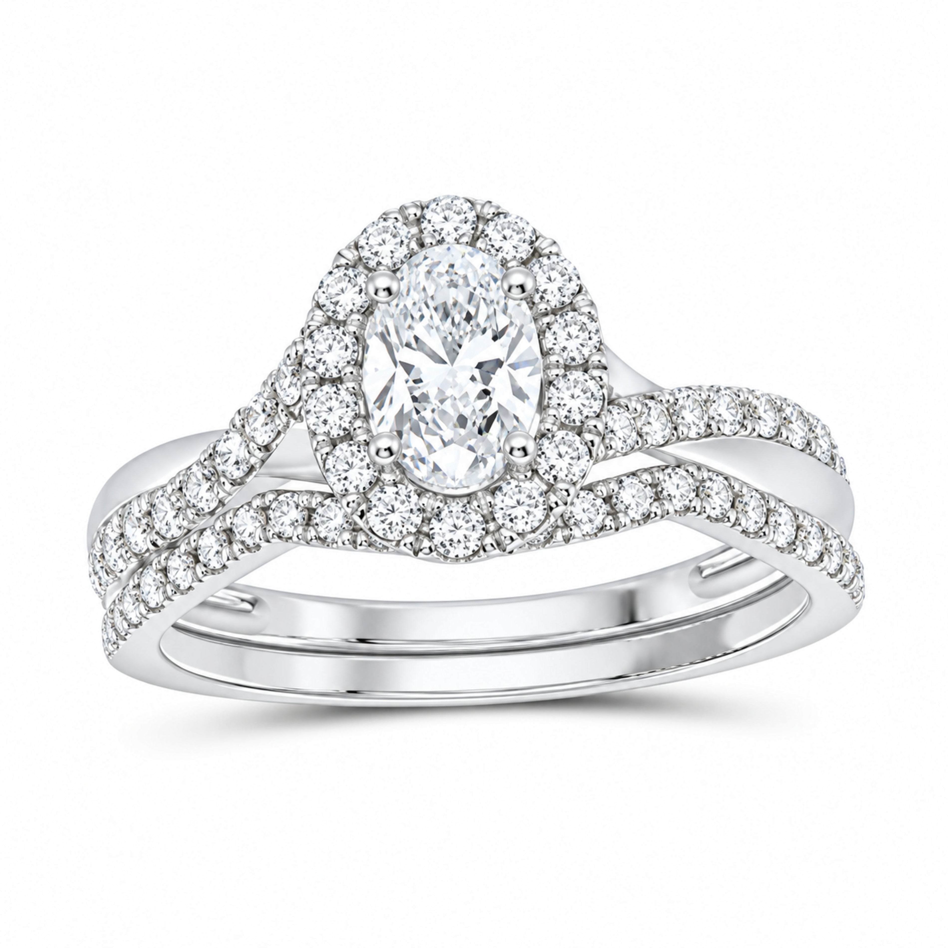14K White Gold 1 CTW Lab-Grown Diamond Oval Single Halo Bridal Ring Set — SKU 11649
