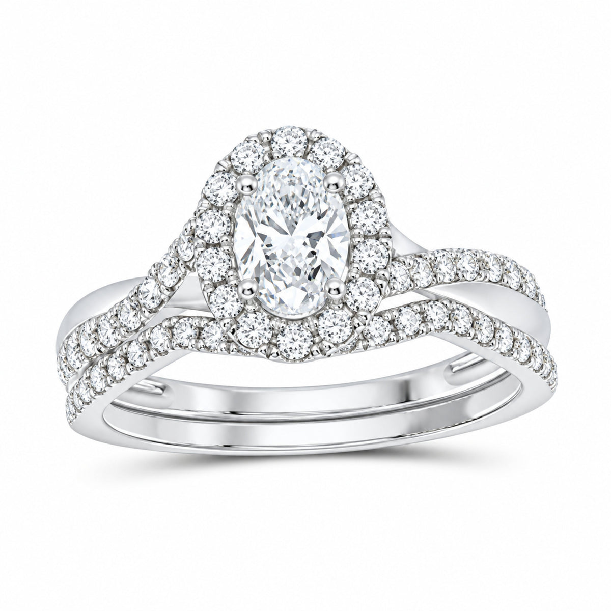 14K White Gold 1 CTW Lab-Grown Diamond Oval Single Halo Bridal Ring Set — SKU 11649