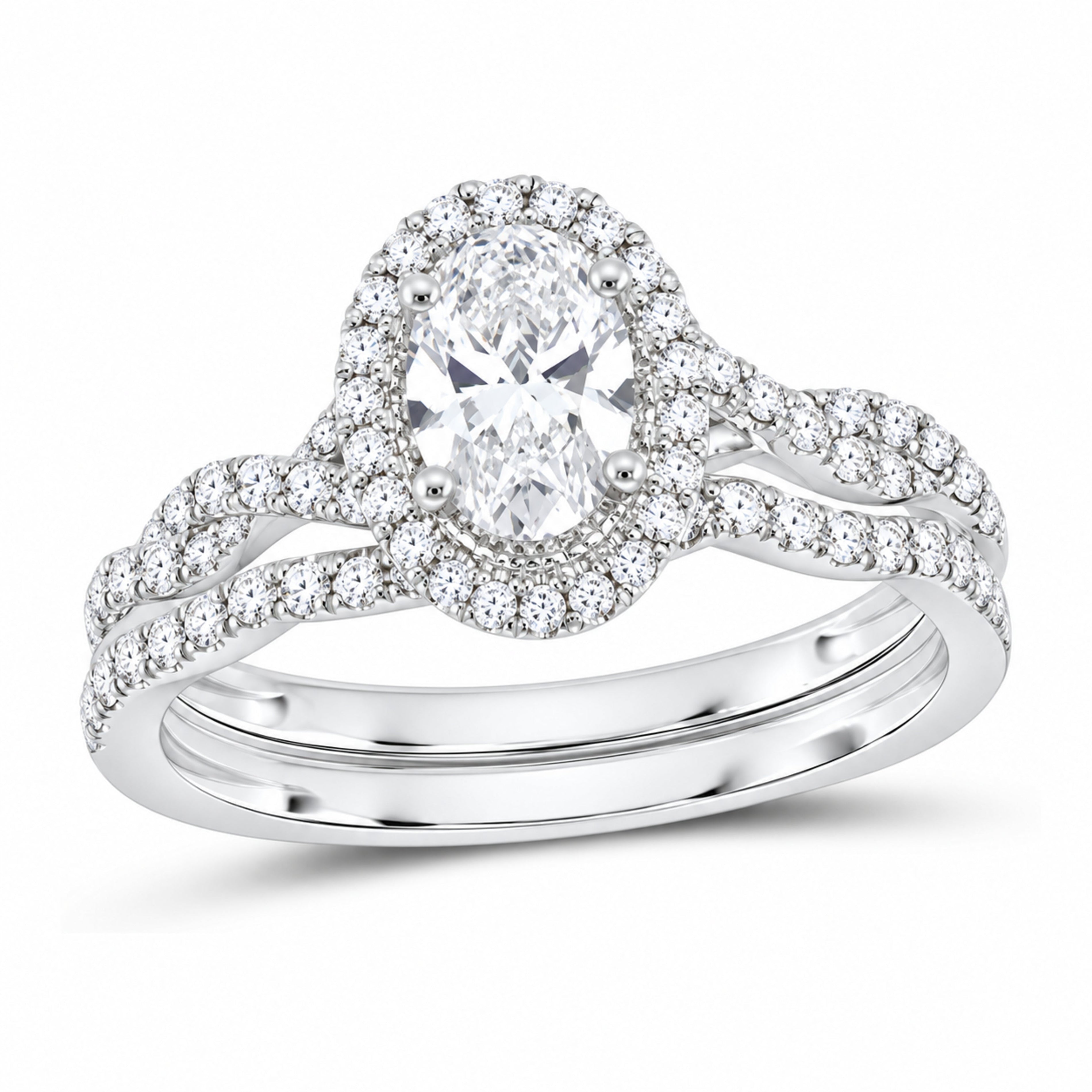 14K White Gold 1 CTW Lab-Grown Diamond Oval Single Halo Bridal Ring Set — SKU 11651