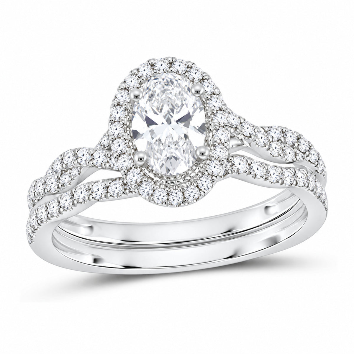 14K White Gold 1 CTW Lab-Grown Diamond Oval Single Halo Bridal Ring Set — SKU 11651
