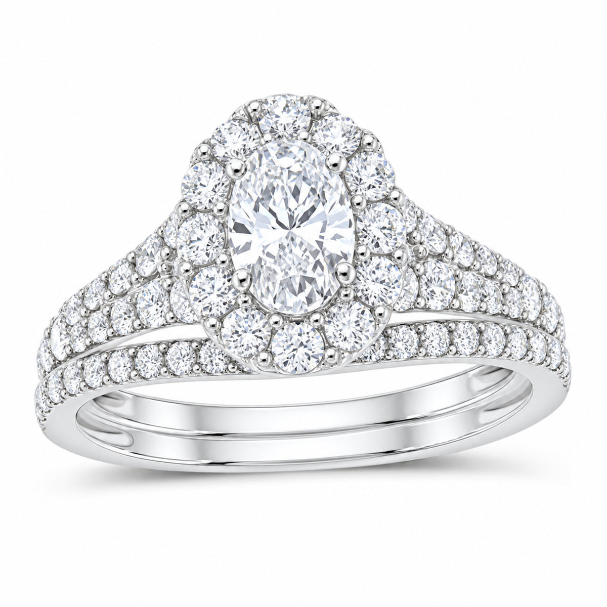 14K White Gold 1 1/2 CTW Lab-Grown Diamond Oval Single Halo Bridal Ring Set — SKU 11652