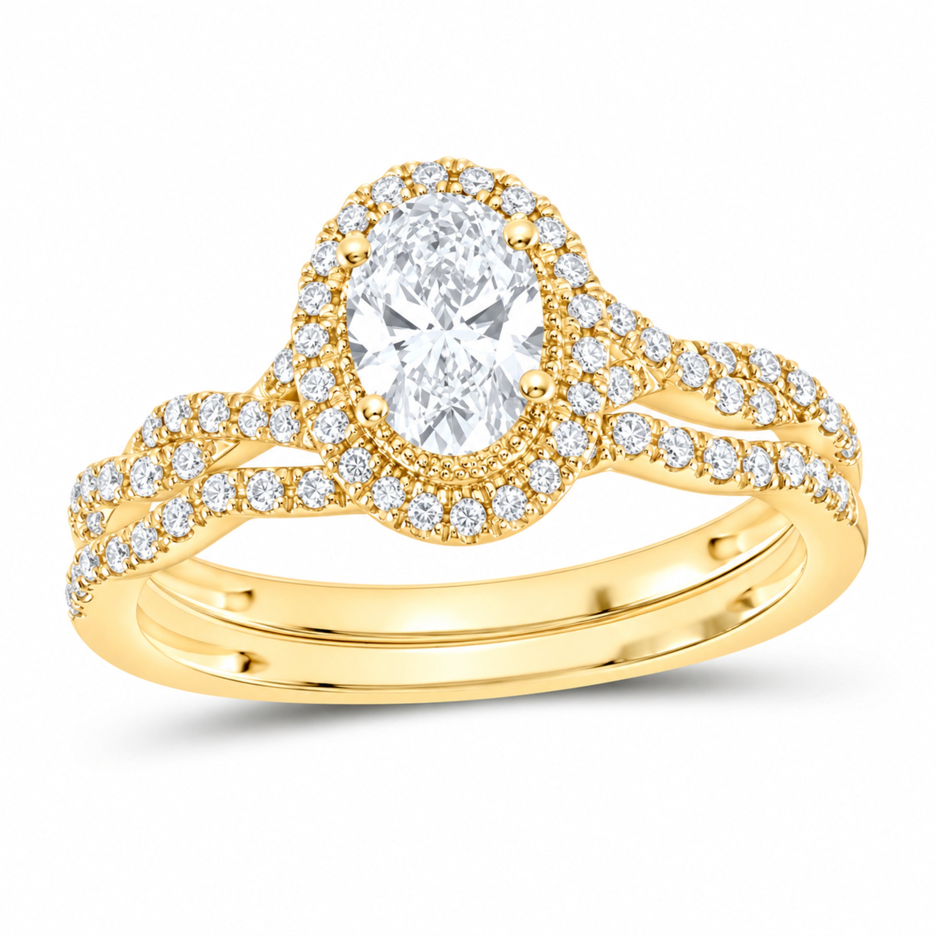 14K Yellow Gold 1 CTW Lab-Grown Diamond Oval Single Halo Bridal Ring Set — SKU 11653