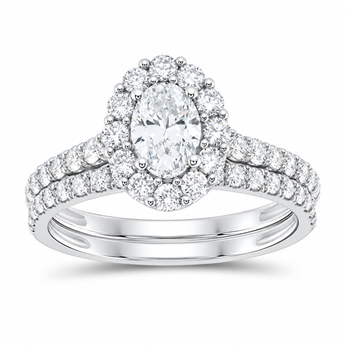 14K White Gold 1 1/2 CTW Lab-Grown Diamond Oval Single Halo Bridal Ring Set — SKU 11655