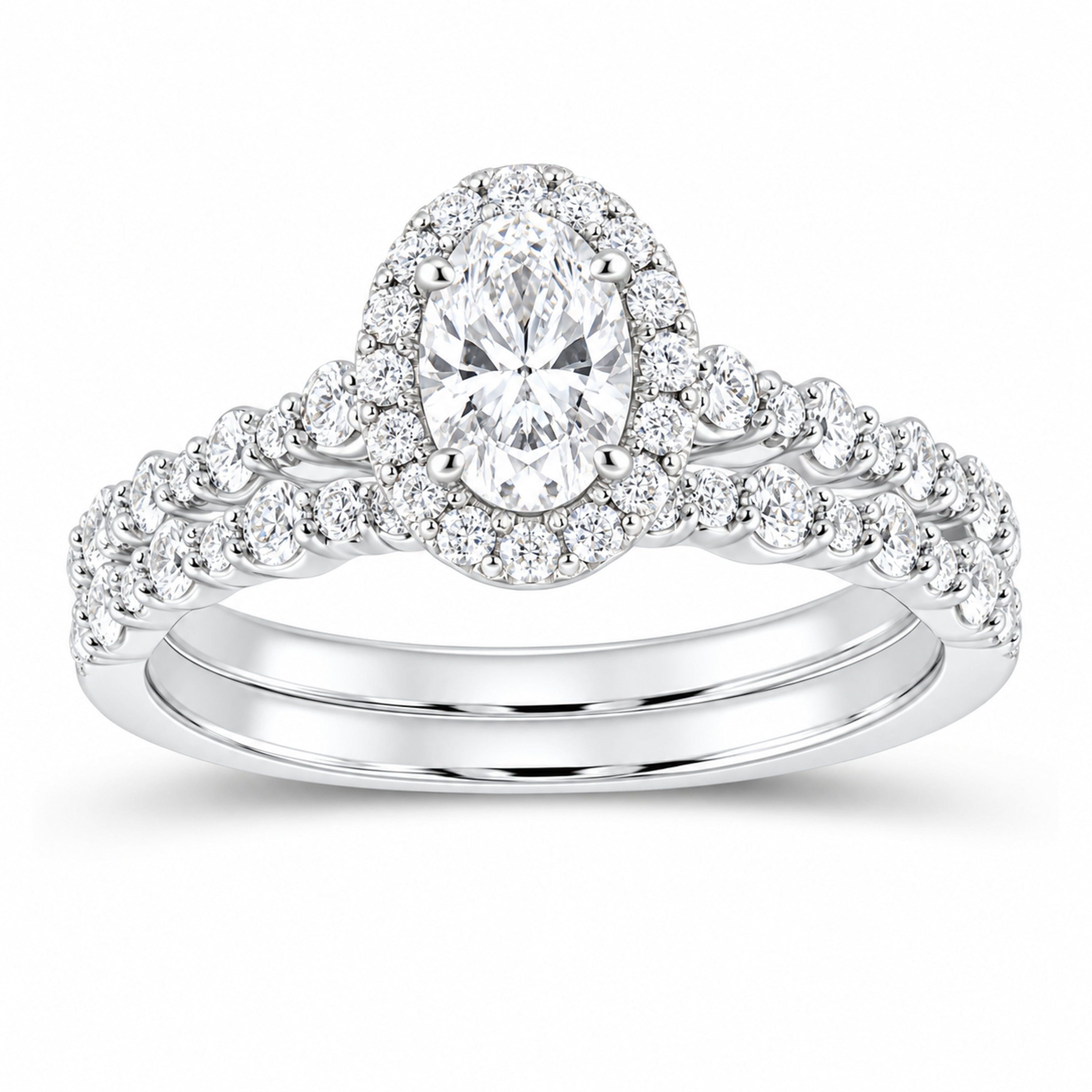 14K White Gold 1 1/4 CTW Lab-Grown Diamond Oval Single Halo Bridal Ring Set — SKU 11660