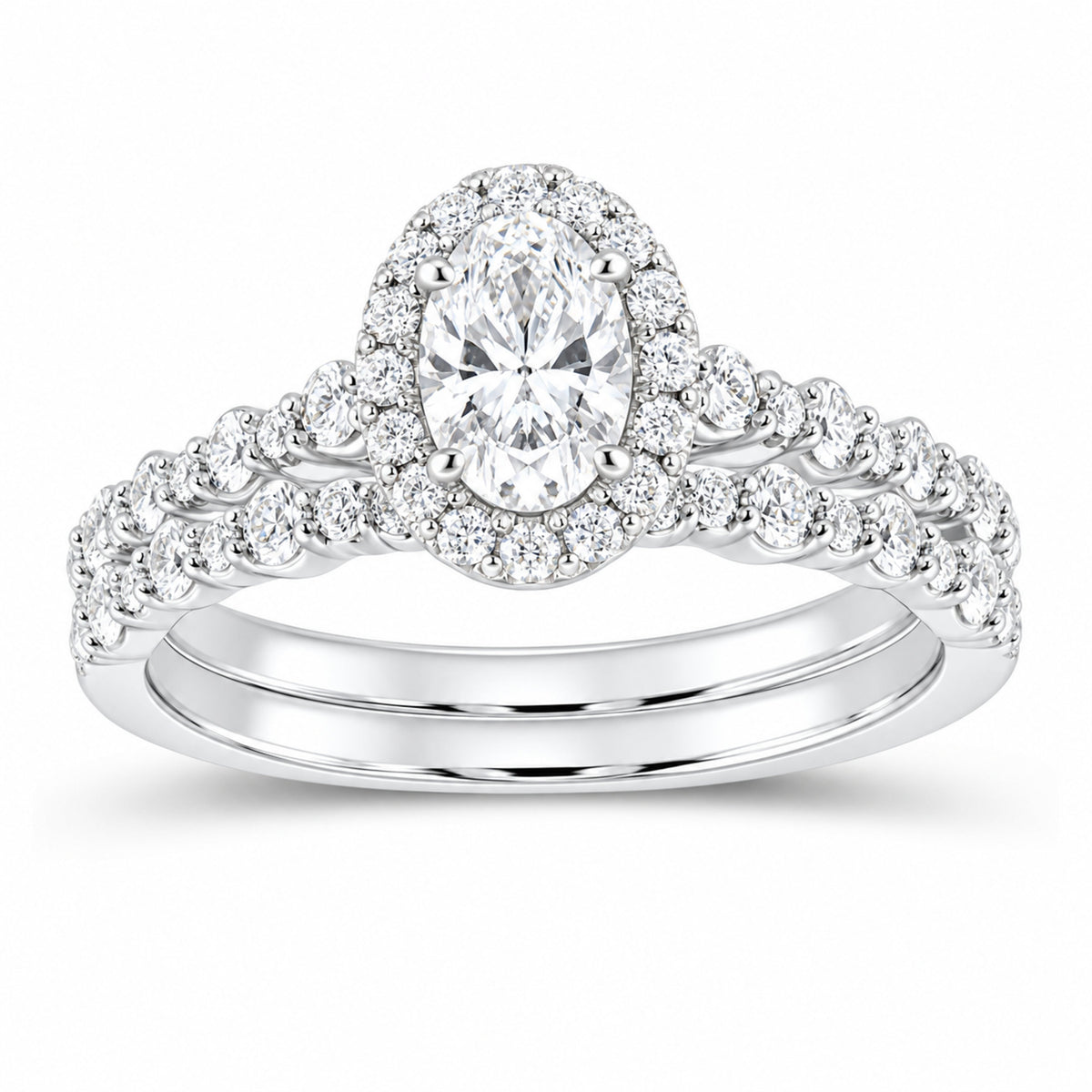 14K White Gold 1 1/4 CTW Lab-Grown Diamond Oval Single Halo Bridal Ring Set — SKU 11660
