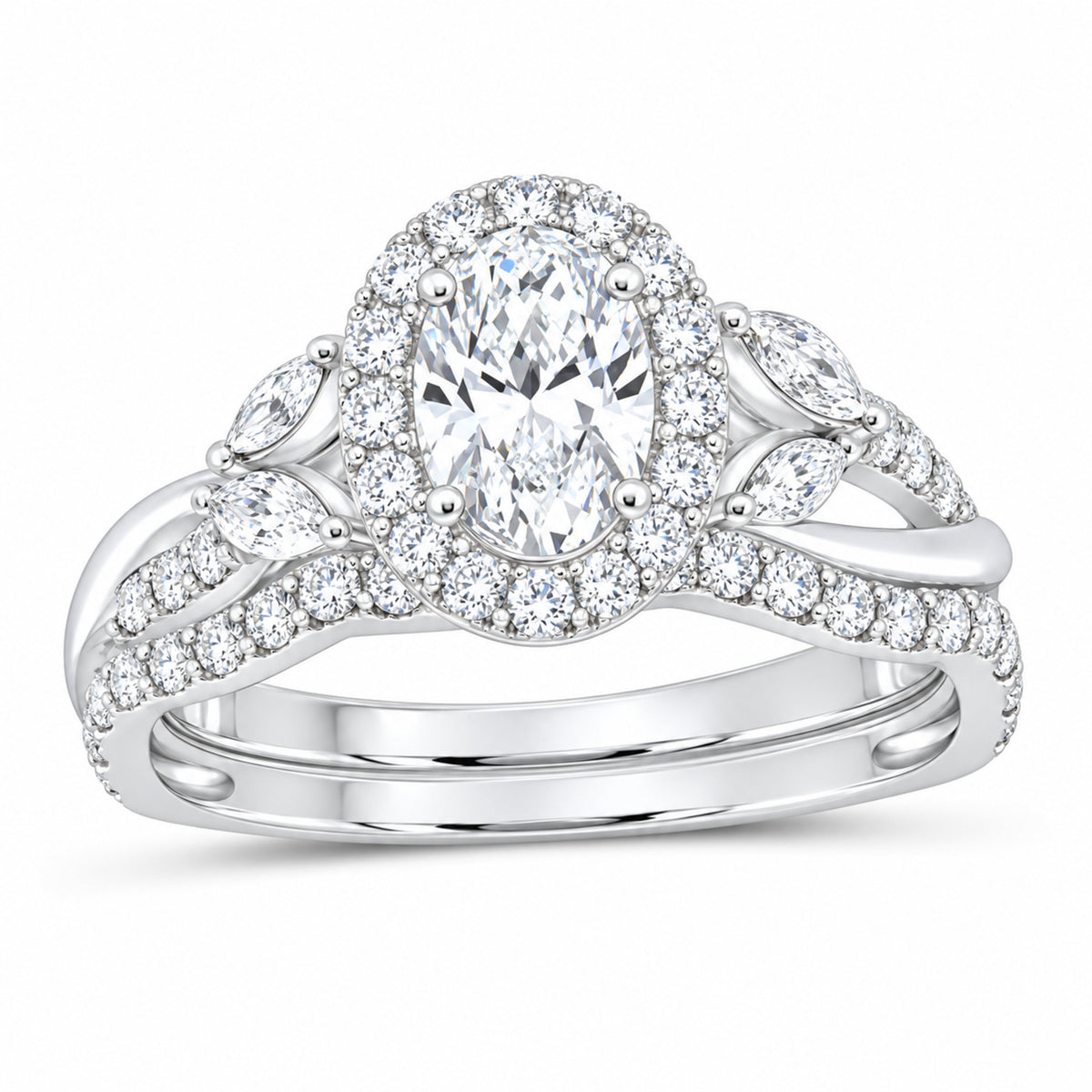 14K White Gold 1 1/2 CTW Lab-Grown Diamond Oval Single Halo Bridal Ring Set — SKU 11663