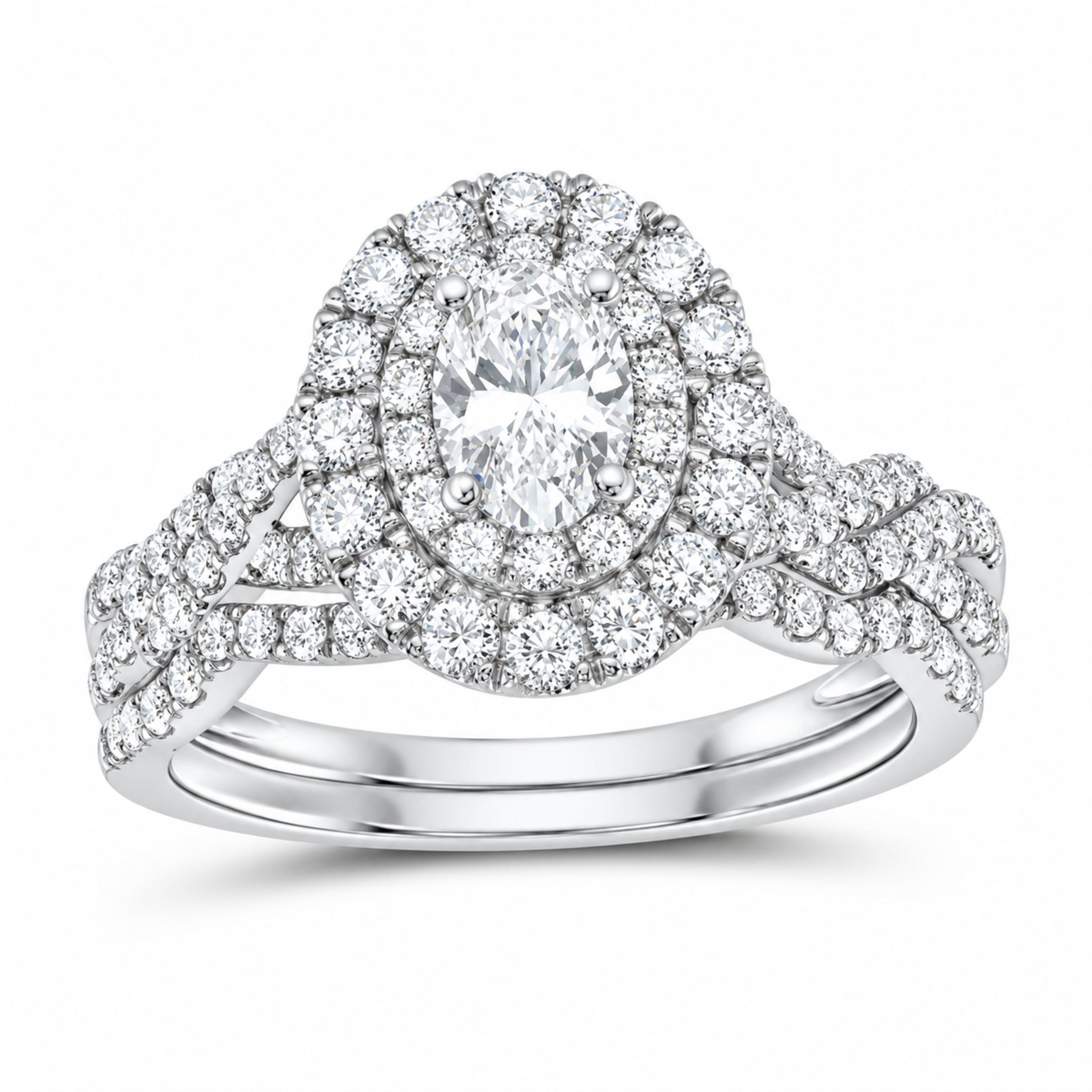 14K White Gold 1 1/2 CTW Lab-Grown Diamond Oval Double Halo Bridal Ring Set — SKU 11664