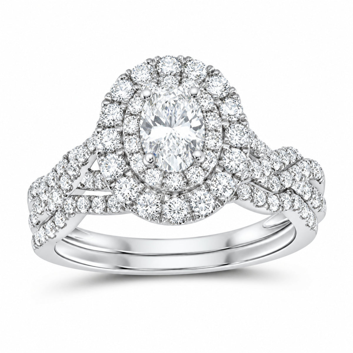 14K White Gold 1 1/2 CTW Lab-Grown Diamond Oval Double Halo Bridal Ring Set — SKU 11664