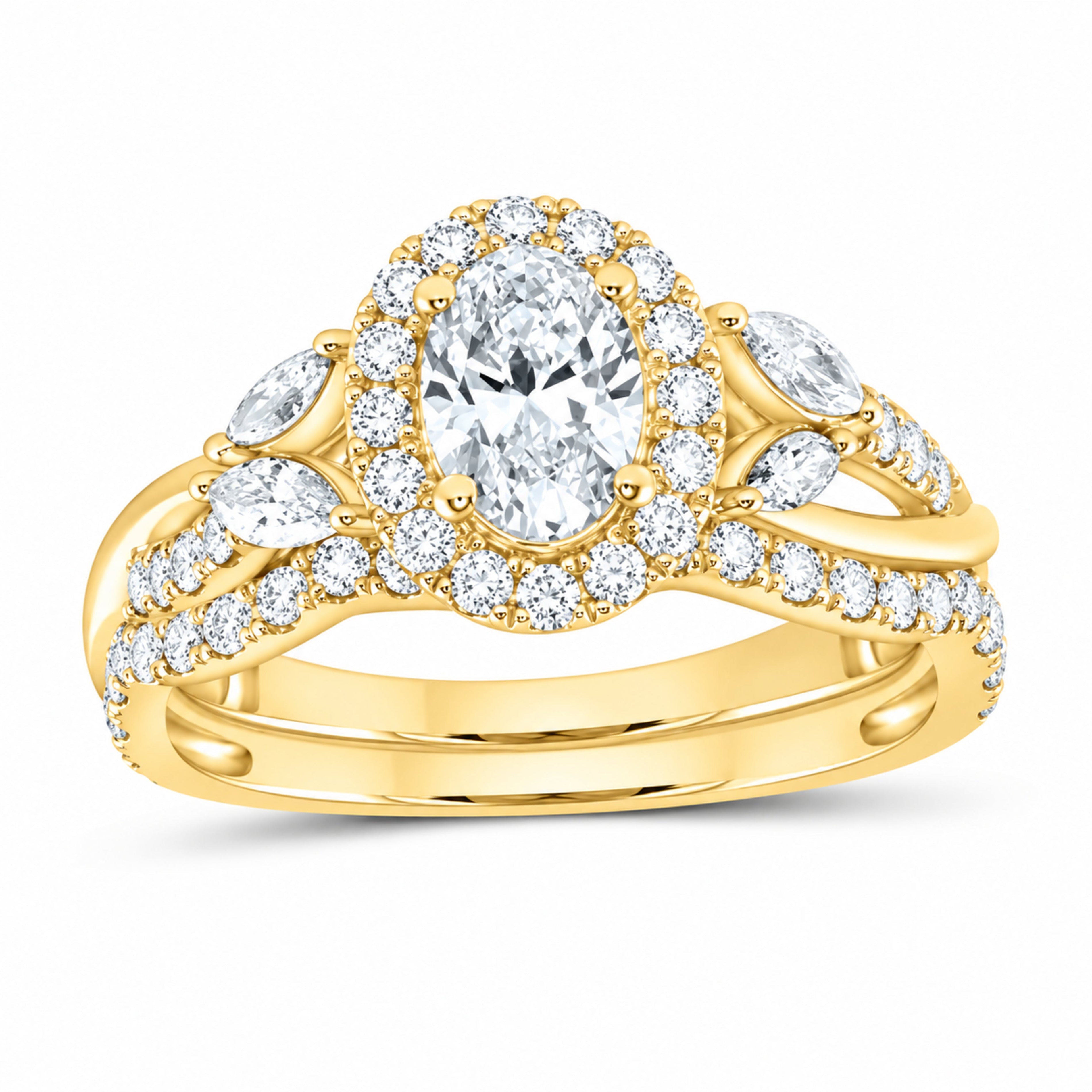 14K Yellow Gold 1 1/2 CTW Lab-Grown Diamond Oval Single Halo Bridal Ring Set — SKU 11665