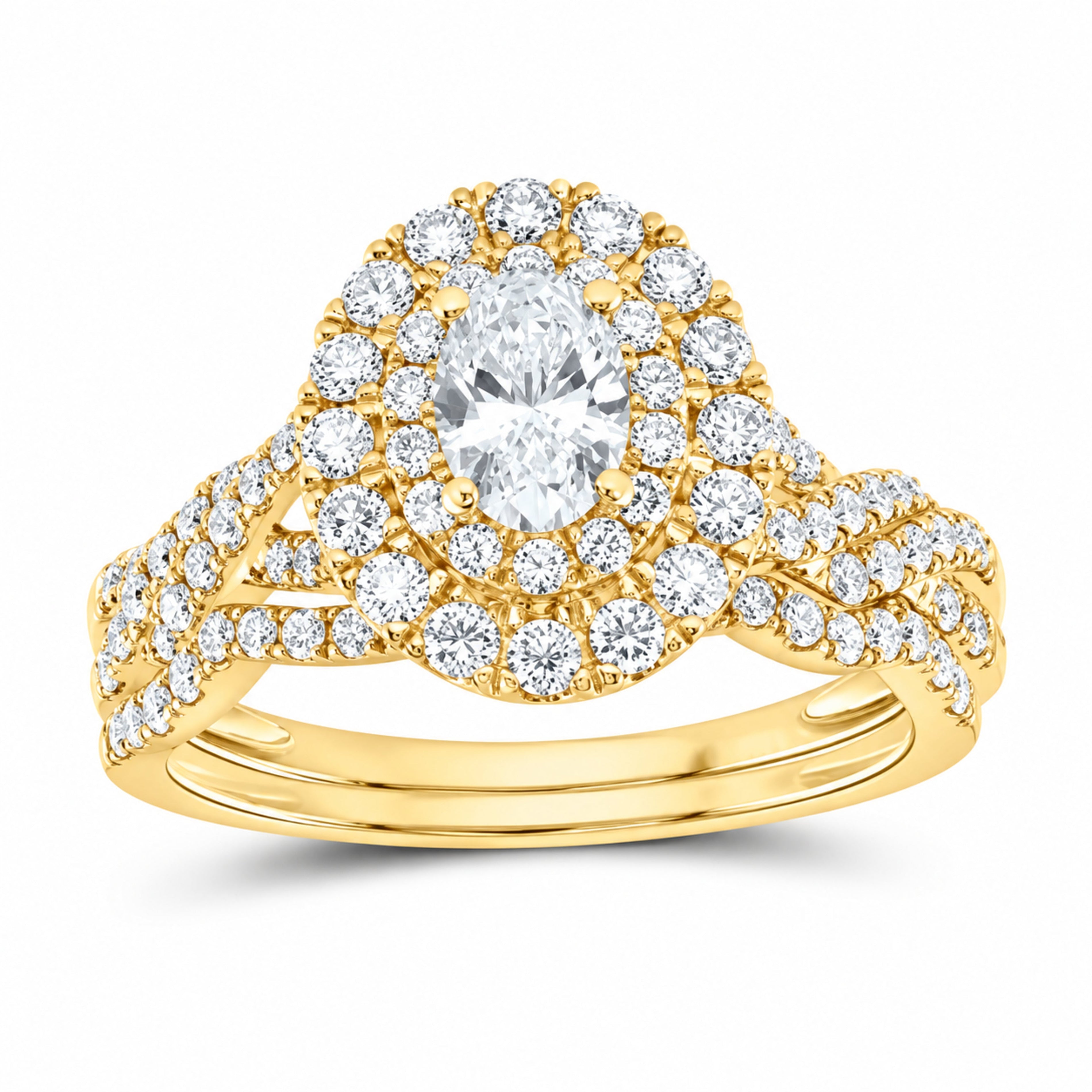 14K Yellow Gold 1 1/2 CTW Lab-Grown Diamond Oval Double Halo Bridal Ring Set — SKU 11666