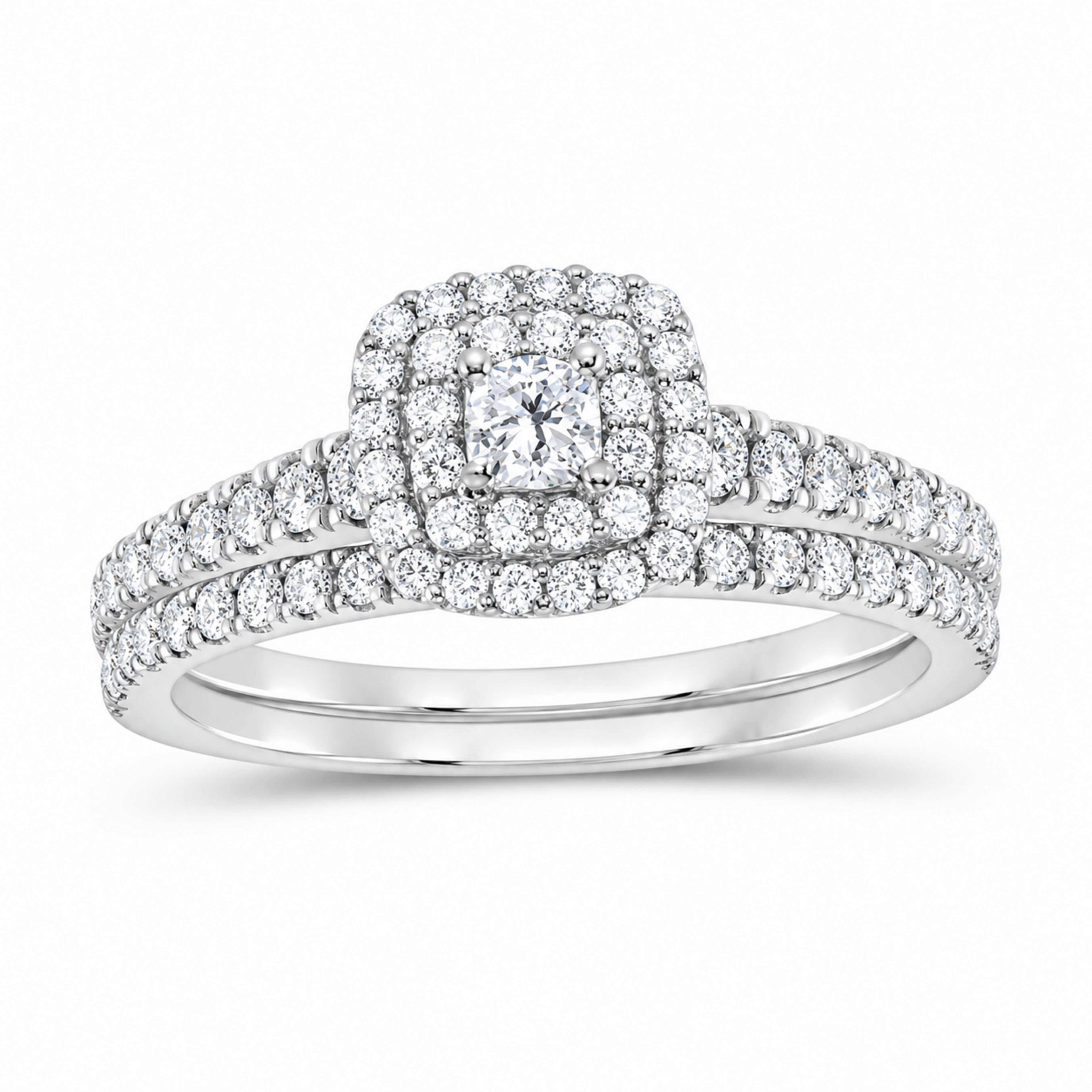 14K White Gold 7/8 CTW Lab-Grown Diamond Round Cushion Halo Bridal Ring Set — SKU 11667