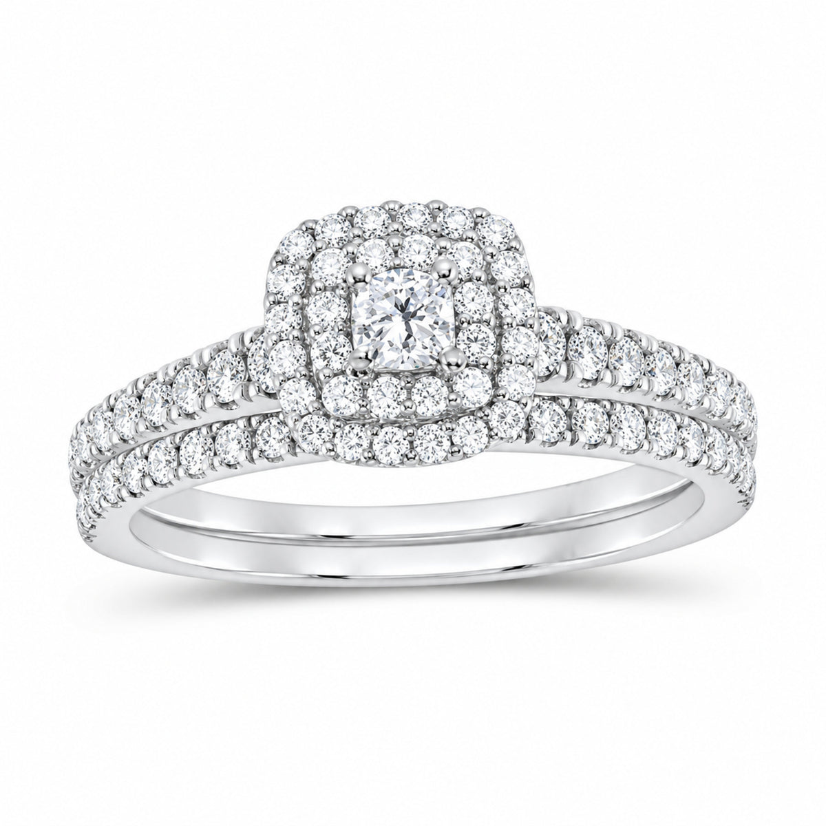 14K White Gold 7/8 CTW Lab-Grown Diamond Round Cushion Halo Bridal Ring Set — SKU 11667