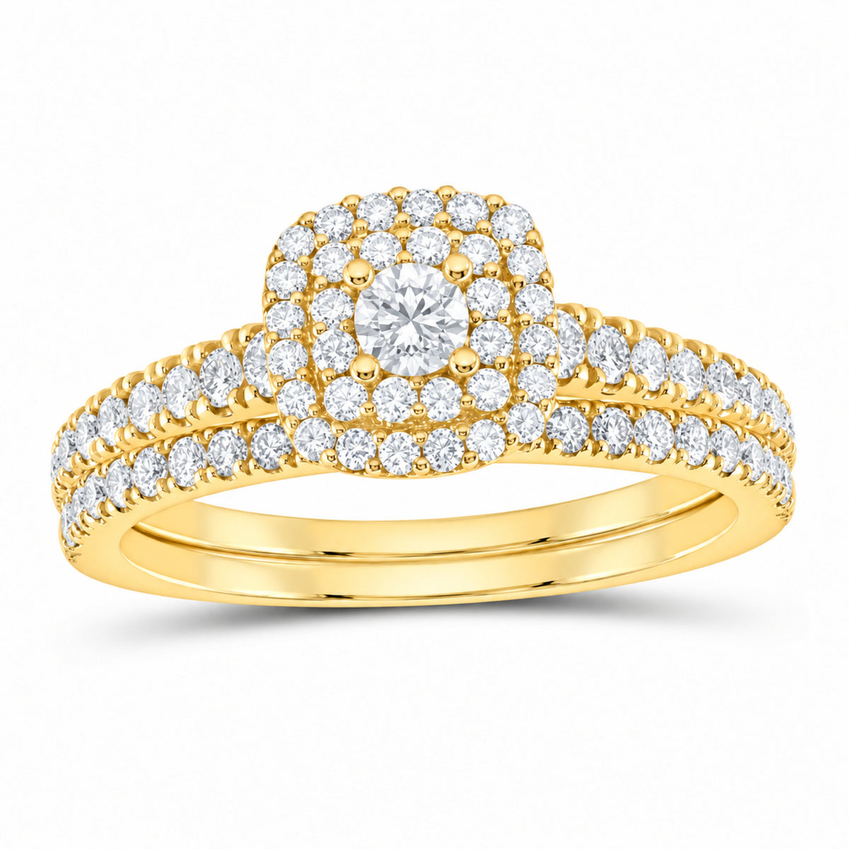 14K Yellow Gold 7/8 CTW Lab-Grown Diamond Round Cushion Halo Bridal Ring Set — SKU 11668