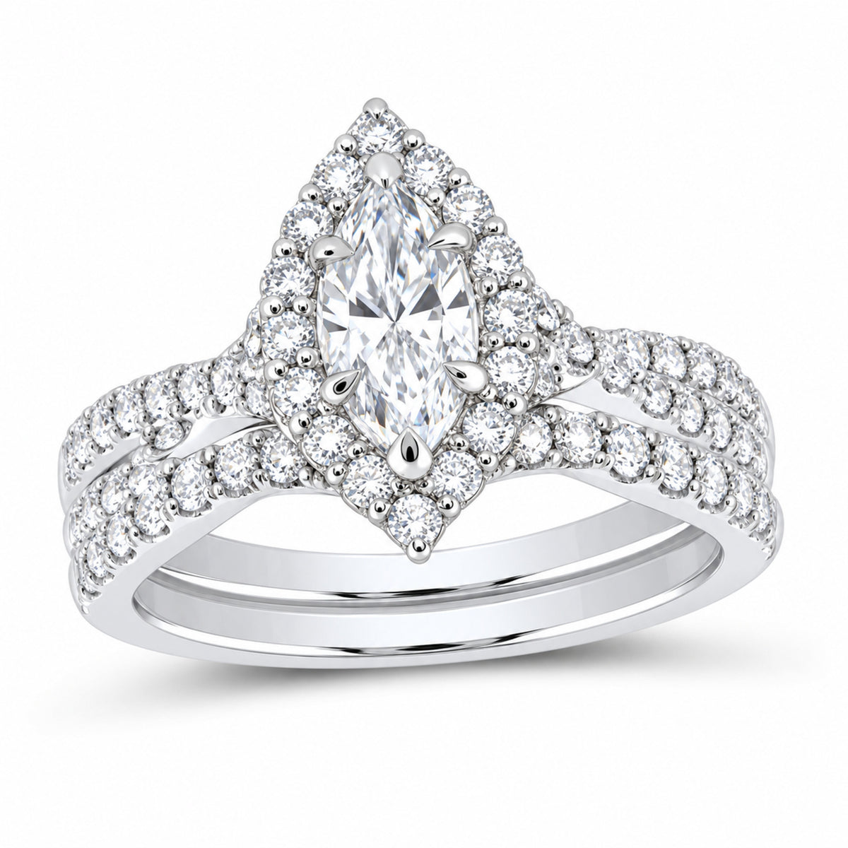 14K White Gold 1 1/4 CTW Lab-Grown Diamond Marquise Halo Bridal Ring Set — SKU 11669