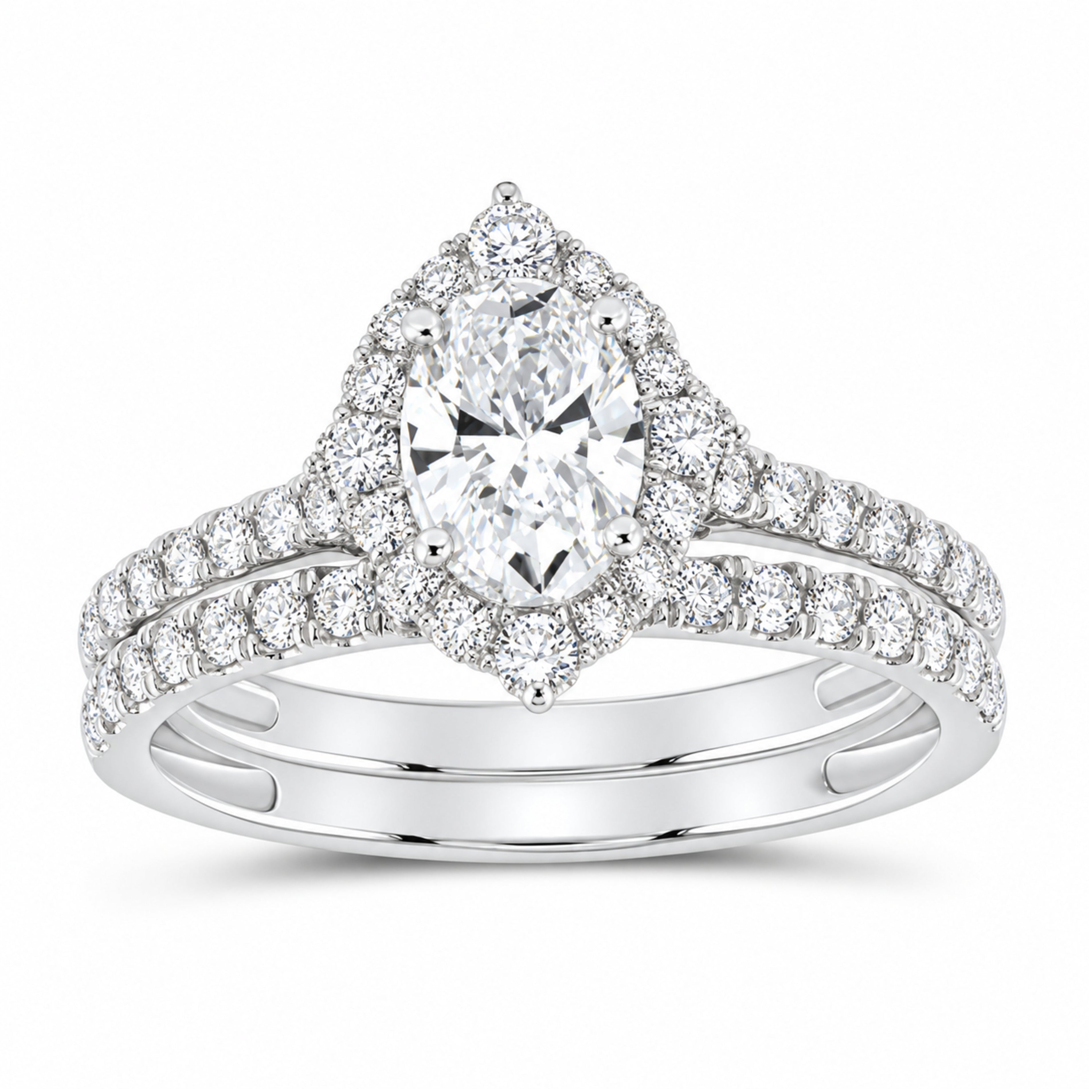 14K White Gold 1 1/2 CTW Lab-Grown Diamond Oval Single Halo Bridal Ring Set — SKU 11670