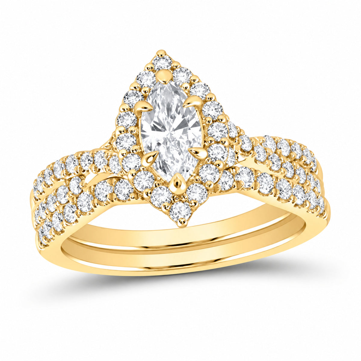 14K Yellow Gold 1 1/4 CTW Lab-Grown Diamond Marquise Halo Bridal Ring Set — SKU 11671