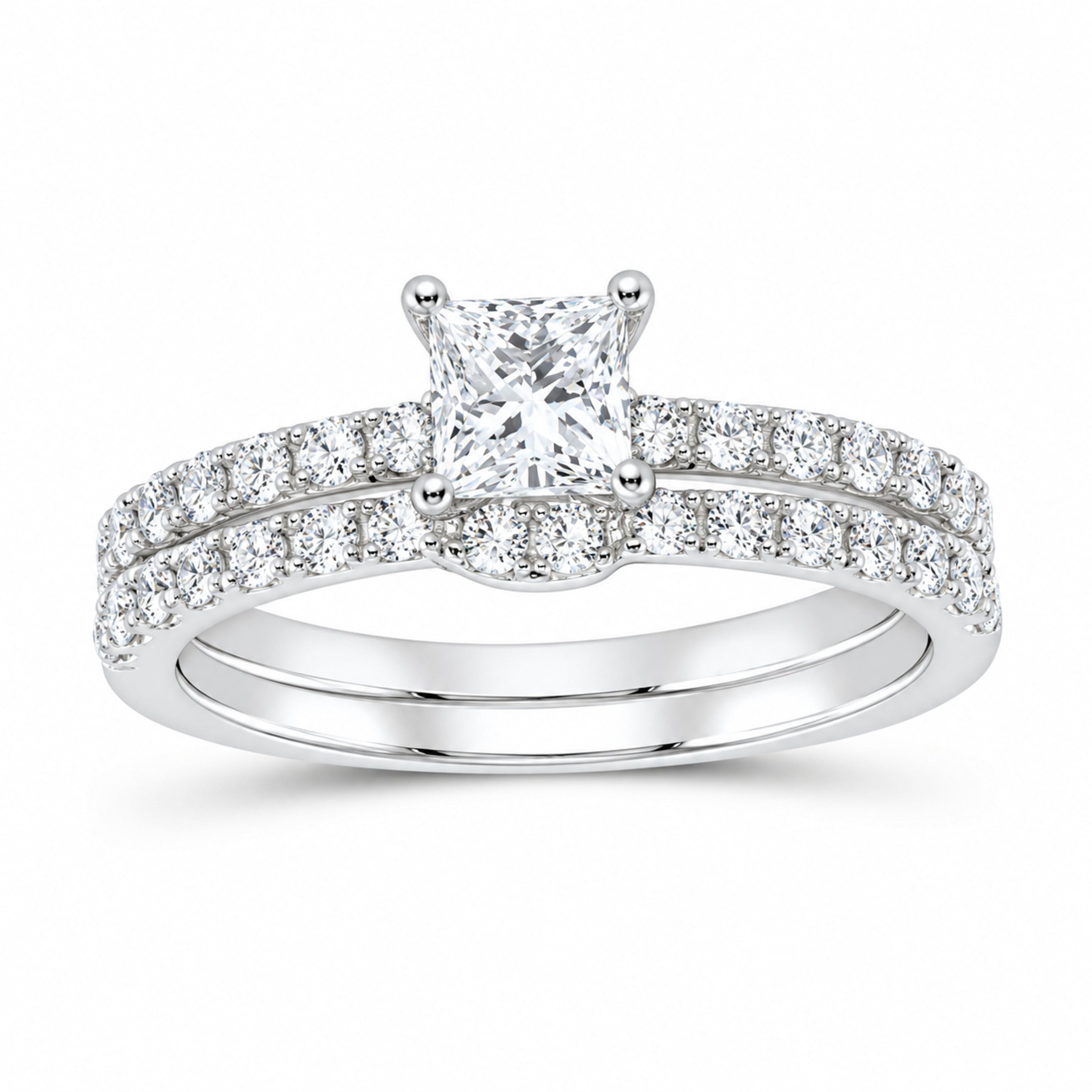 14K White Gold 1 CTW Lab-Grown Diamond Princess Bridal Ring Set — SKU 11673