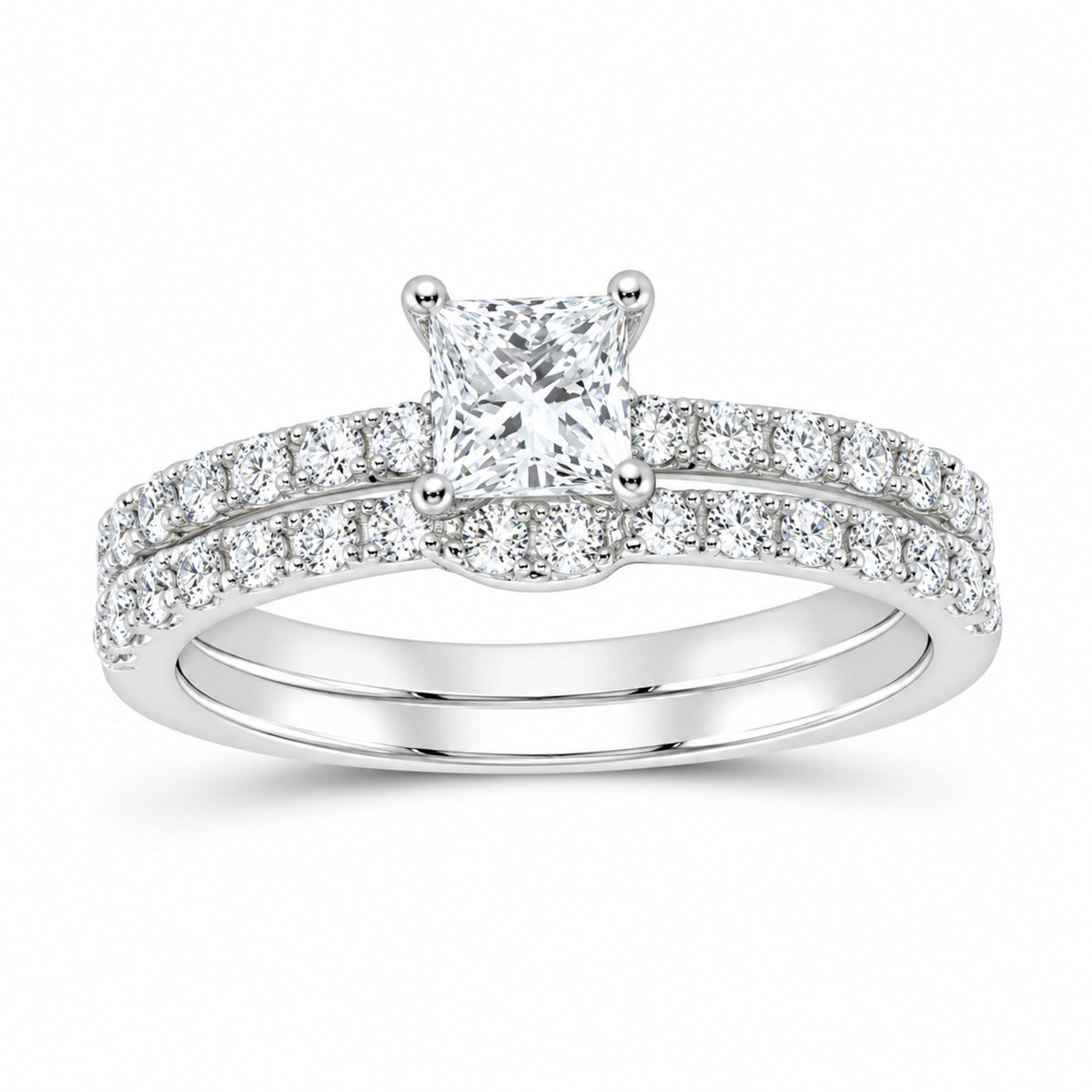 14K White Gold 1 CTW Lab-Grown Diamond Princess Bridal Ring Set — SKU 11673