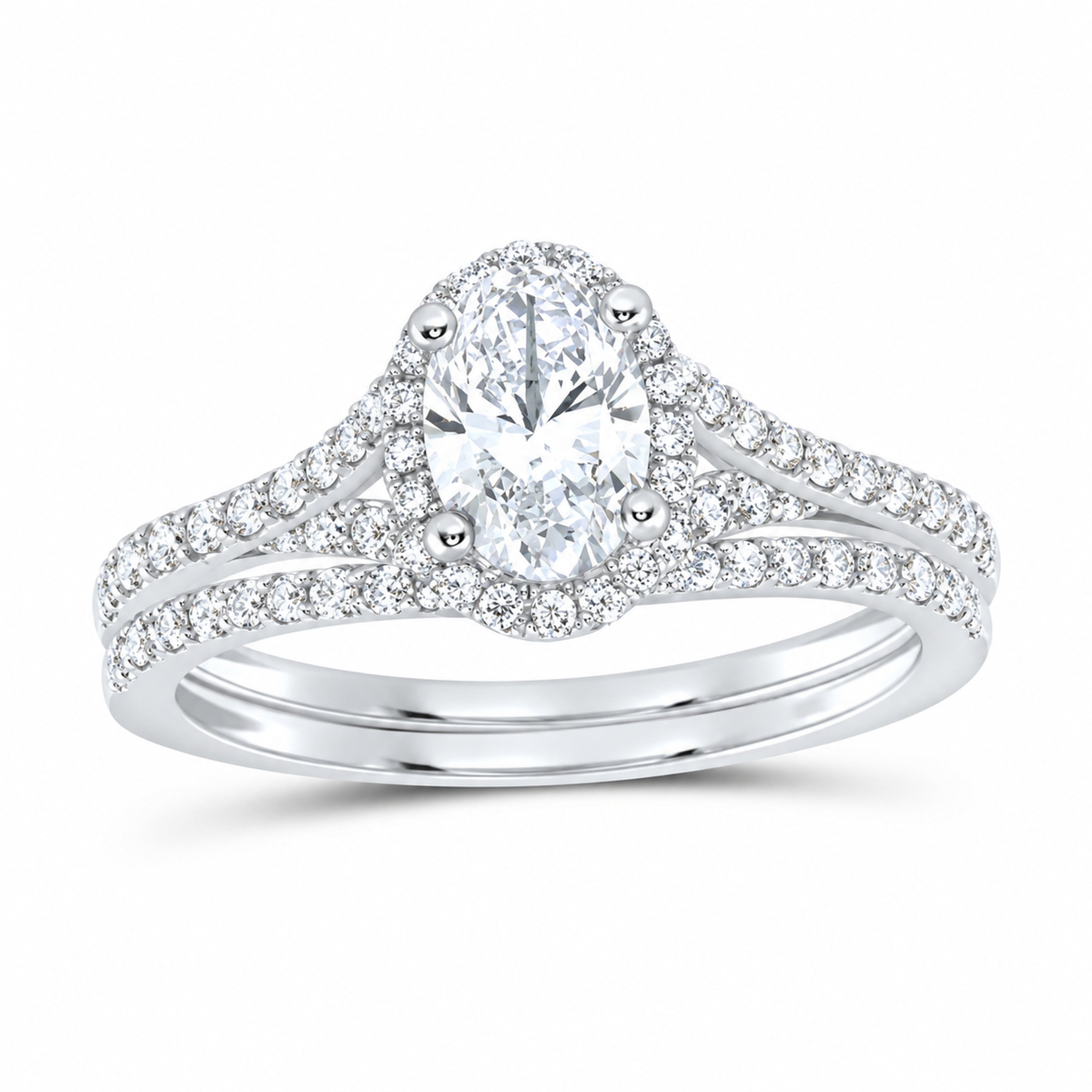 14K White Gold 1 CTW Lab-Grown Diamond Oval Single Halo Bridal Ring Set — SKU 11676