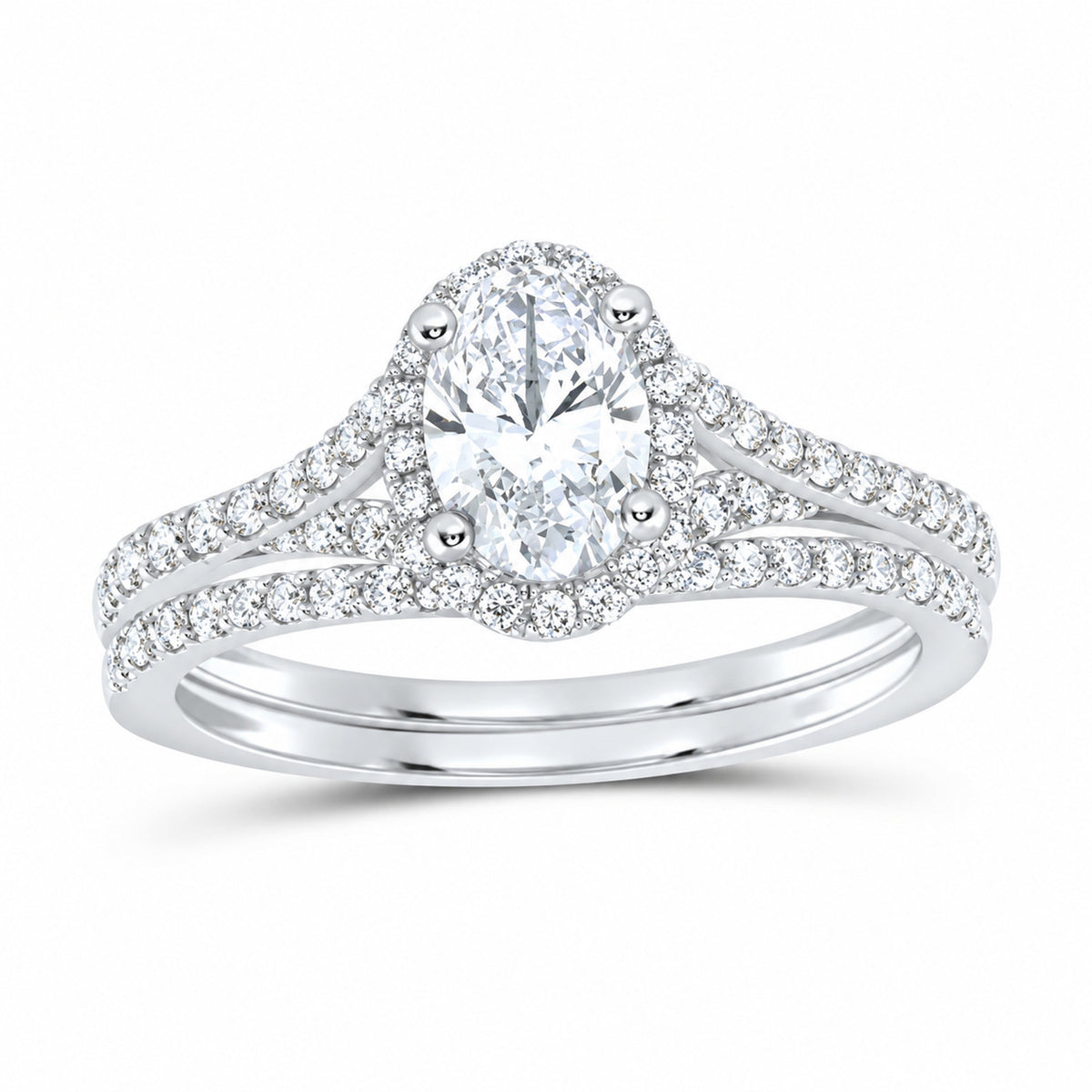 14K White Gold 1 CTW Lab-Grown Diamond Oval Single Halo Bridal Ring Set — SKU 11676
