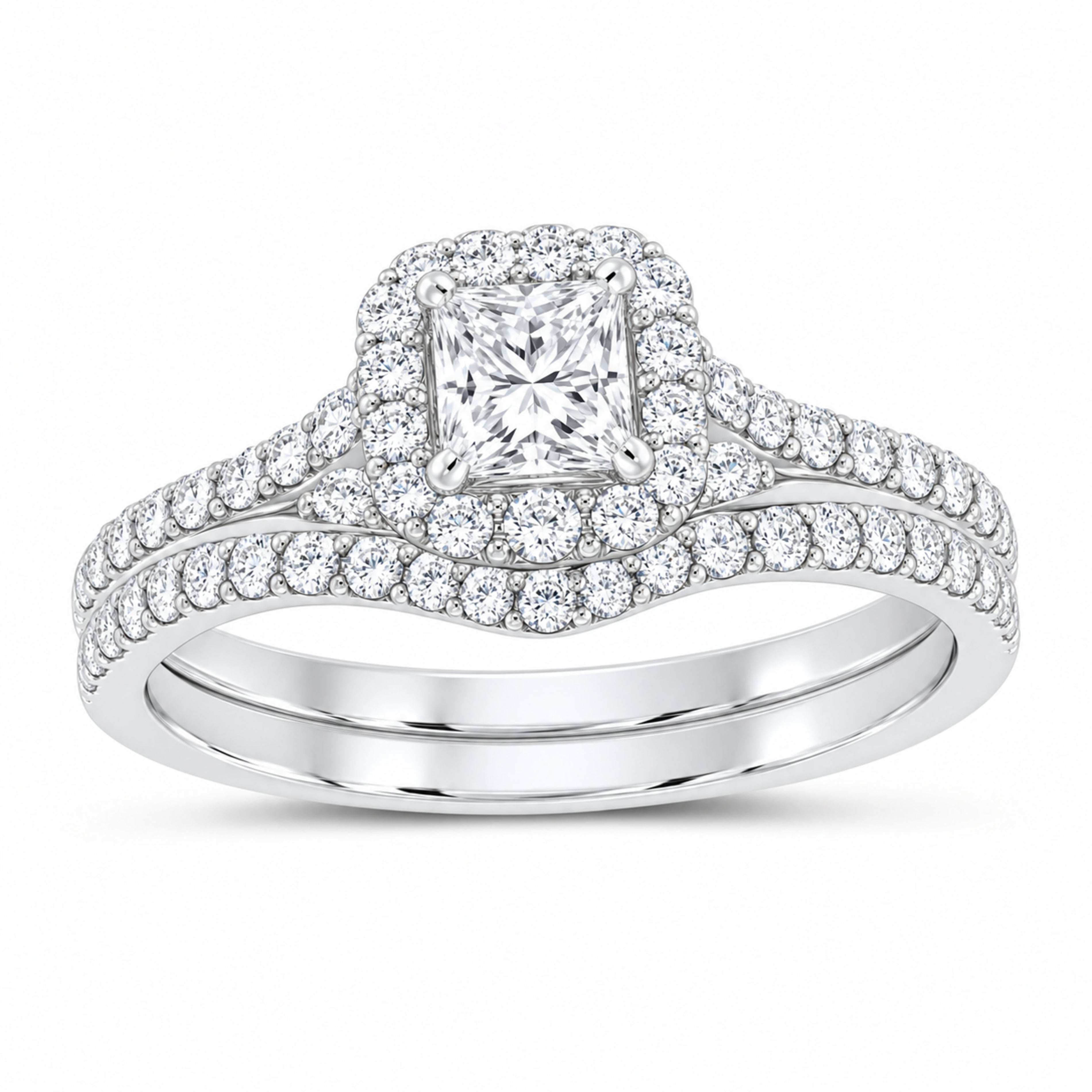 14K White Gold 1 CTW Lab-Grown Diamond Princess Single Halo Bridal Ring Set — SKU 11678