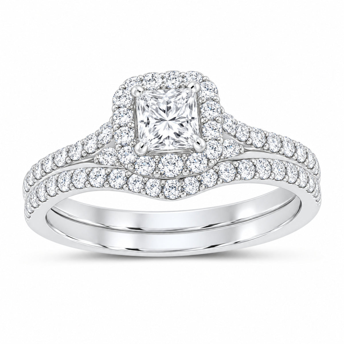 14K White Gold 1 CTW Lab-Grown Diamond Princess Single Halo Bridal Ring Set — SKU 11678
