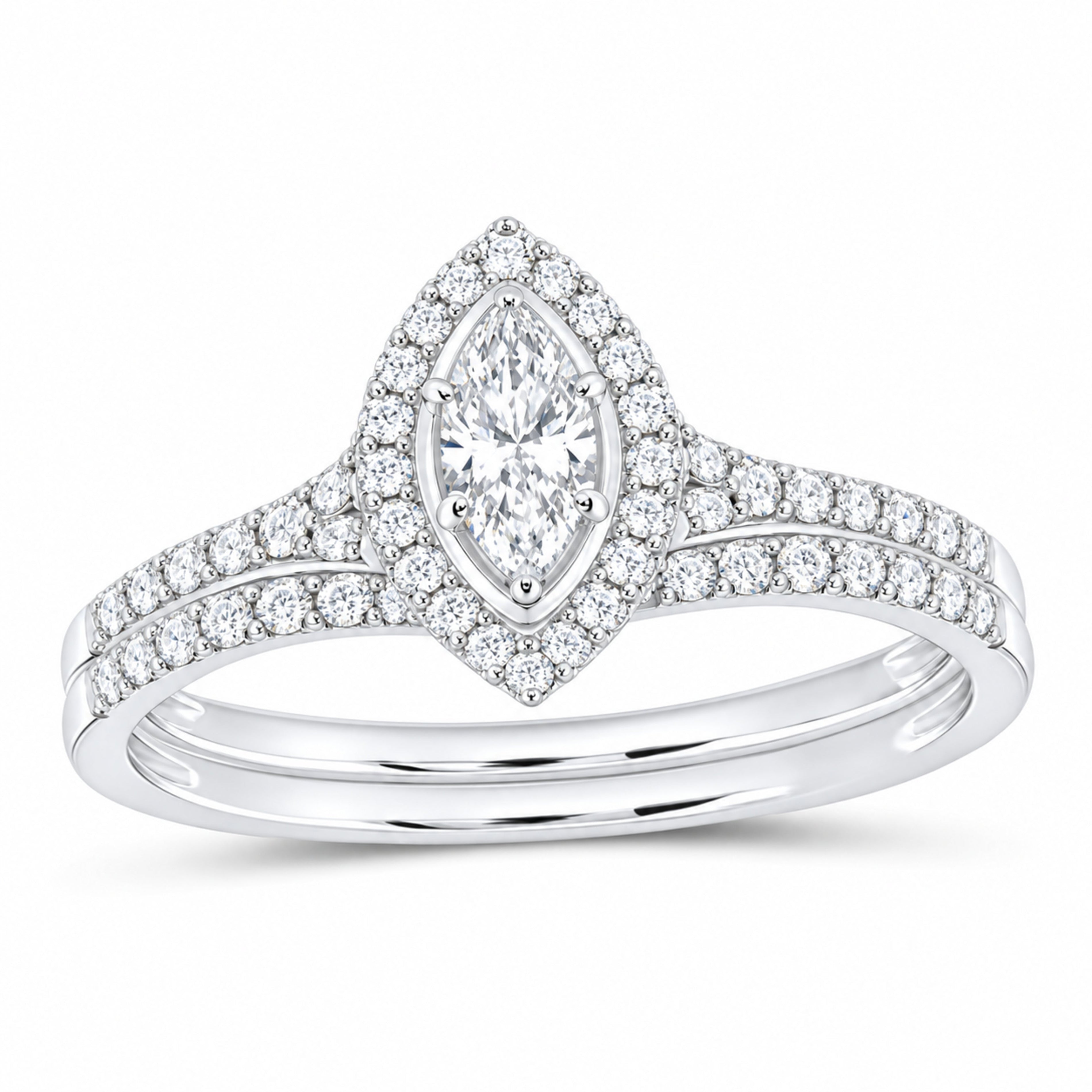 14K White Gold 1/2 CTW Lab-Grown Diamond Marquise Halo Bridal Ring Set — SKU 11681