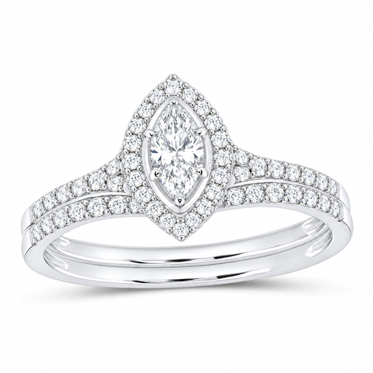 14K White Gold 1/2 CTW Lab-Grown Diamond Marquise Halo Bridal Ring Set — SKU 11681