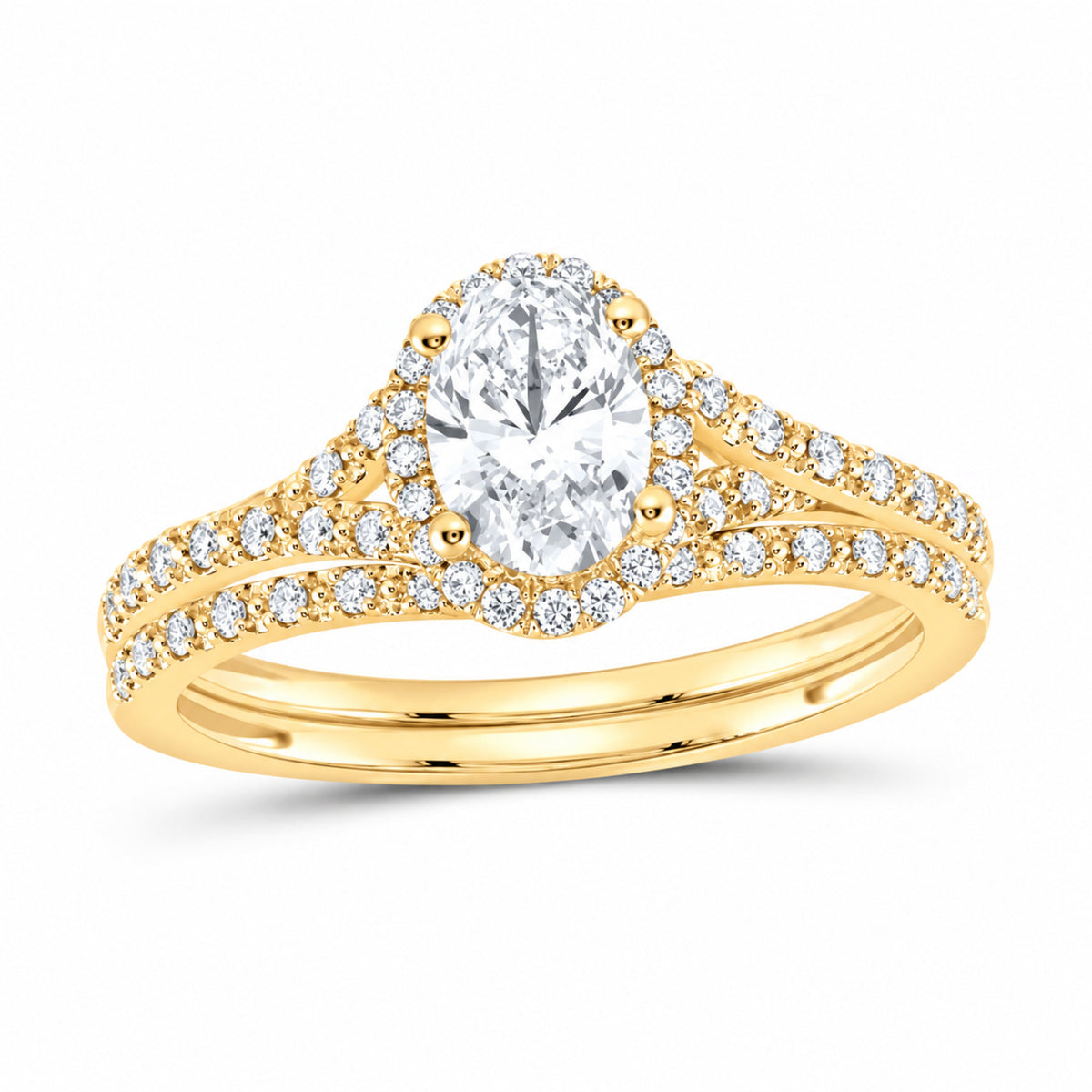 14K Yellow Gold 1 CTW Lab-Grown Diamond Oval Single Halo Bridal Ring Set — SKU 11679