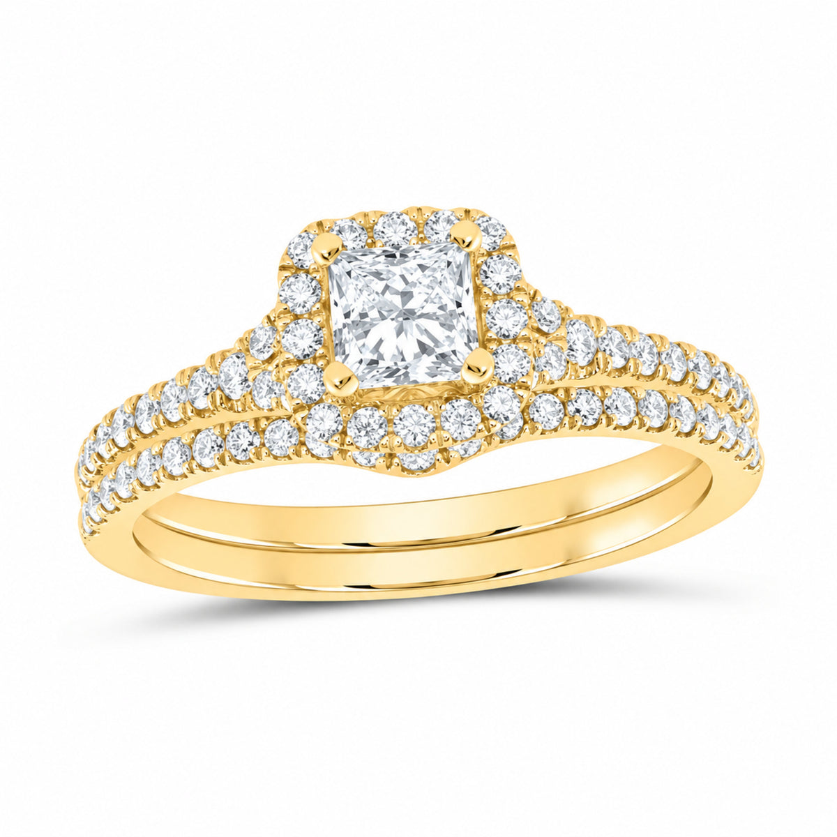 14K Yellow Gold 1 CTW Lab-Grown Diamond Princess Single Halo Bridal Ring Set — SKU 11680