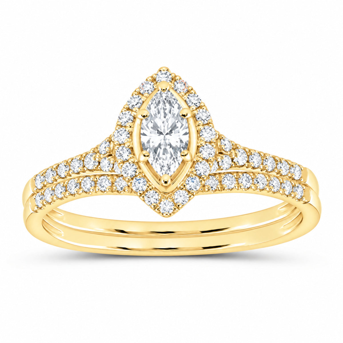 14K Yellow Gold 1/2 CTW Lab-Grown Diamond Marquise Halo Bridal Ring Set — SKU 11682