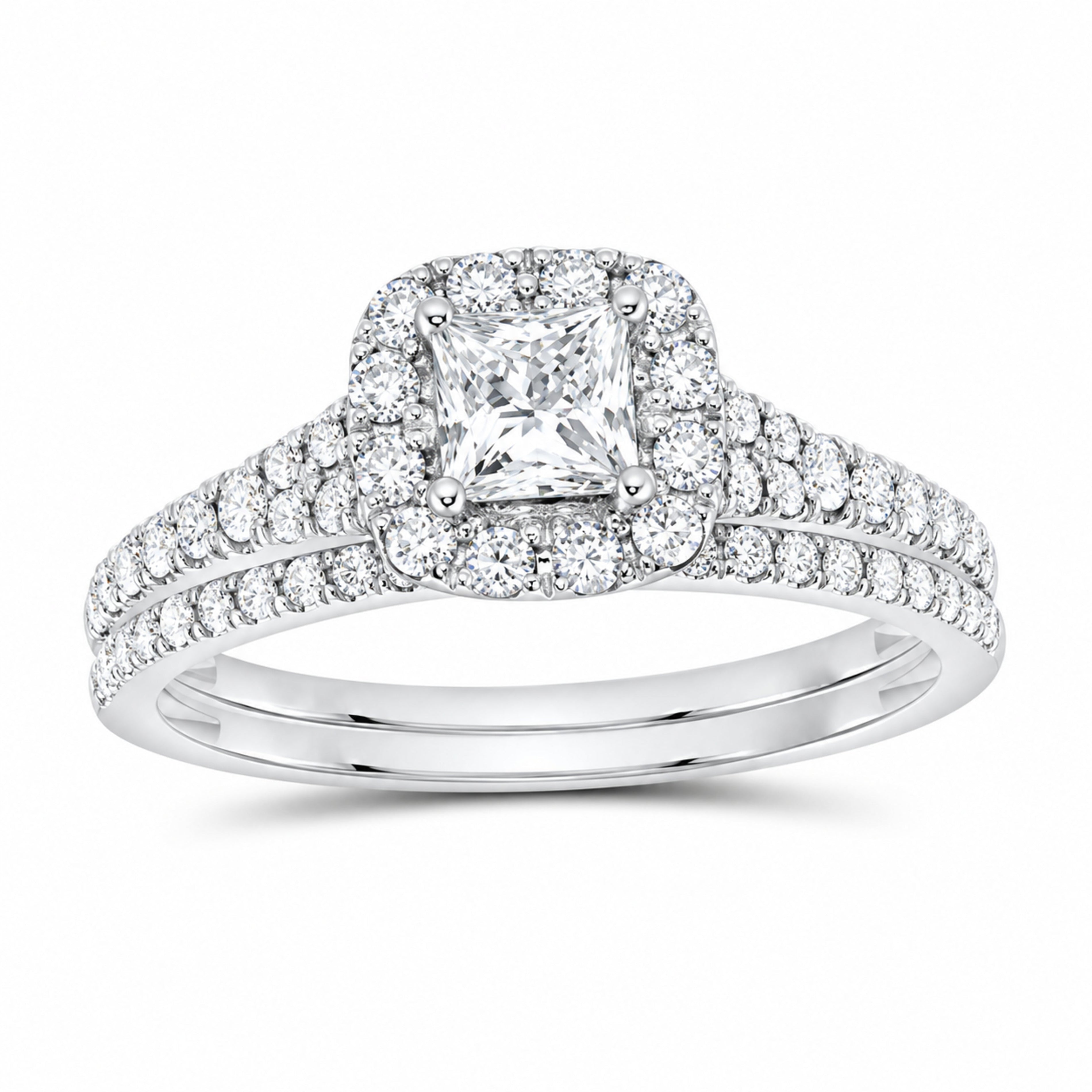 14K White Gold 1 CTW Lab-Grown Diamond Princess Single Halo Bridal Ring Set — SKU 11683