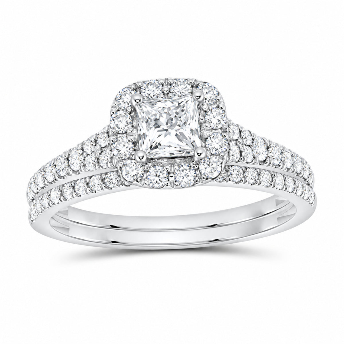 14K White Gold 1 CTW Lab-Grown Diamond Princess Single Halo Bridal Ring Set — SKU 11683