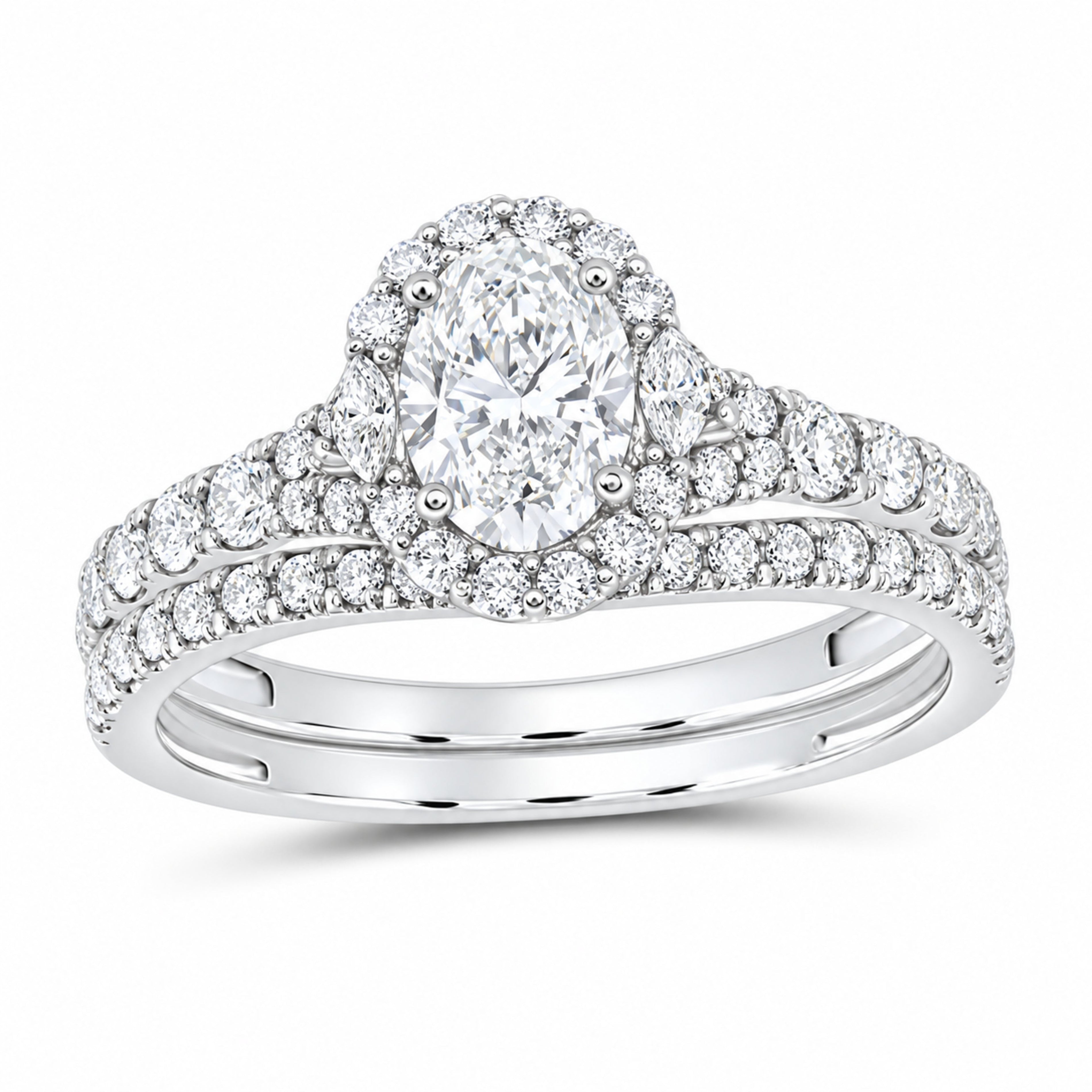 14K White Gold 1 1/2 CTW Lab-Grown Diamond Oval Single Halo Bridal Ring Set — SKU 11688