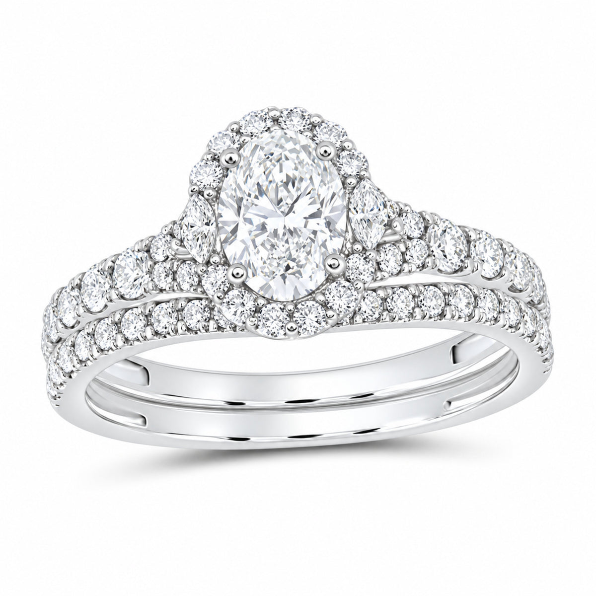 14K White Gold 1 1/2 CTW Lab-Grown Diamond Oval Single Halo Bridal Ring Set — SKU 11688